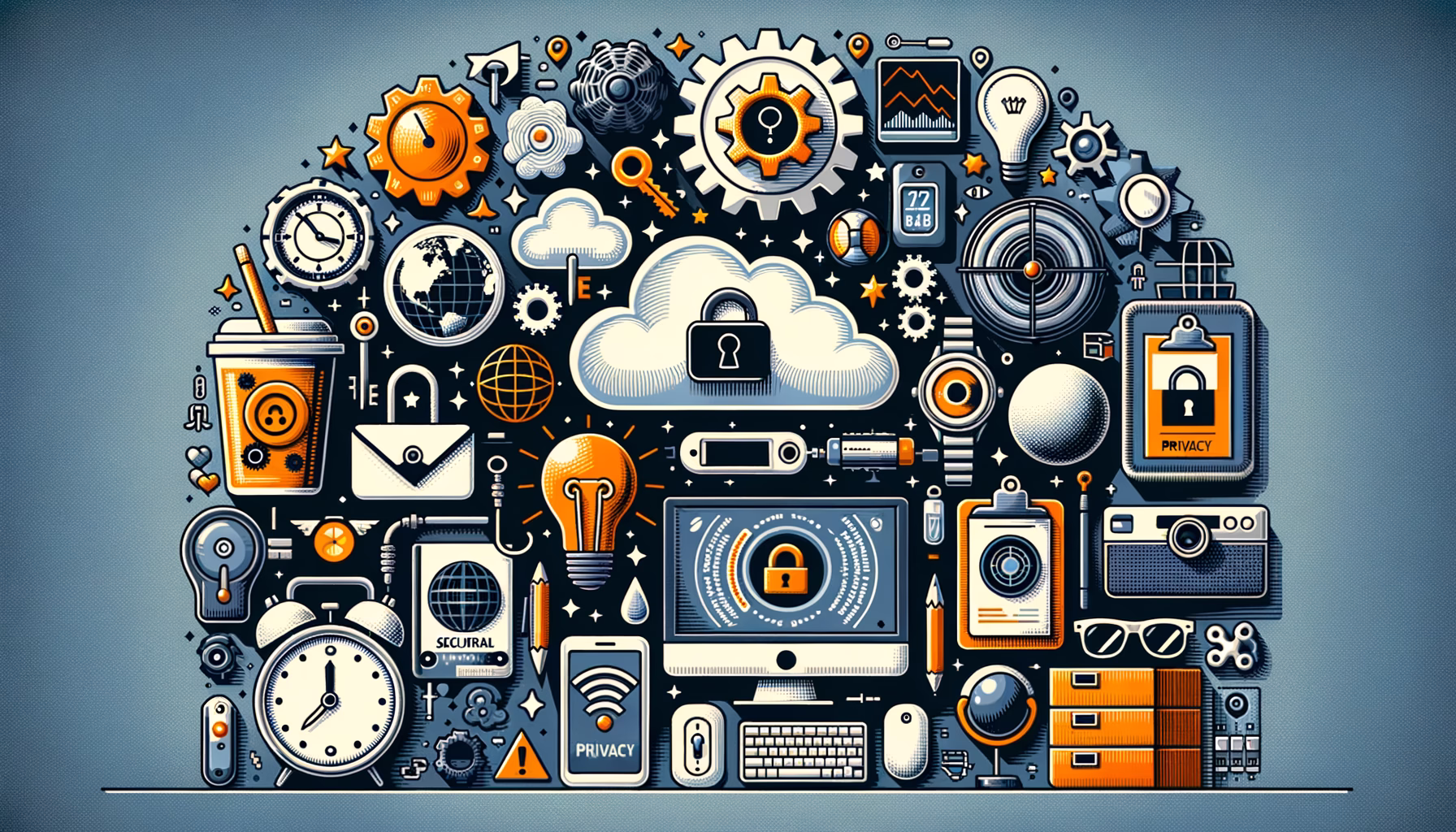 KDB Tech-Update 202407311503 Illustration eines Arbeitsplatzes mit Cloud, Schloss, Firewall, Passkey-/Auth-Symbolen, Radar, Kamera und Überwachungssoftware zur Darstellung von IT-Sicherheit.