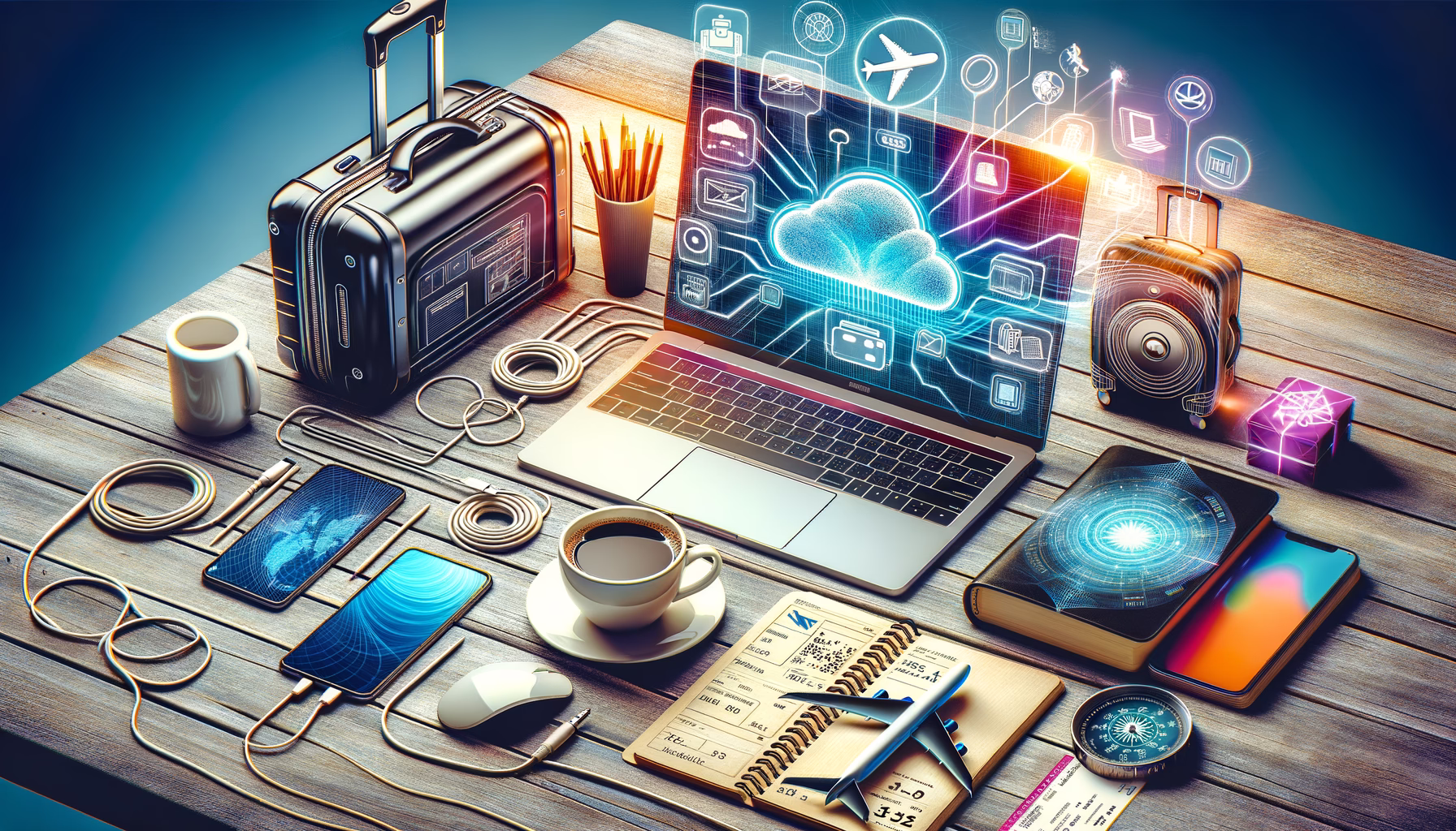 KDB Tech-Update 202408010505 Technisches Desk-Setup mit Laptop, Smartphone, Kaffeetasse, Kabeln, Reisegepäck und Cloud-Symbolik für vernetzte Arbeit und Planung.