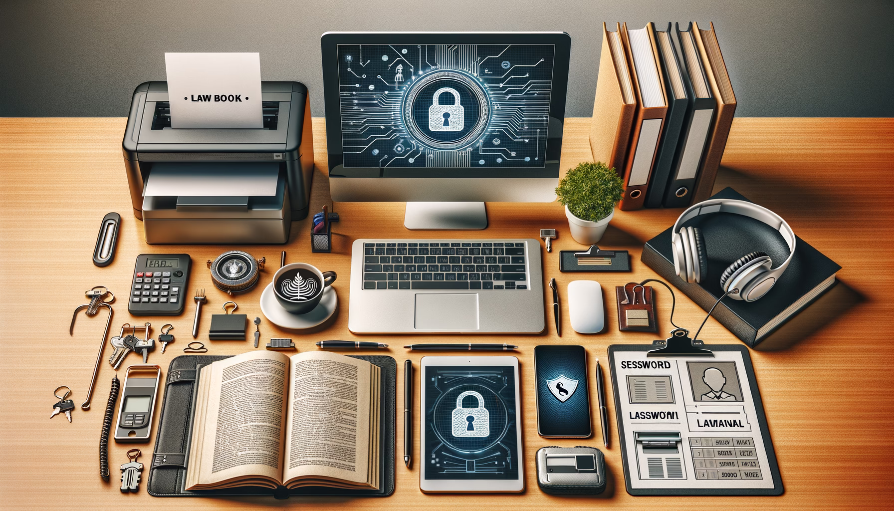 KDB Tech-Update 202408021502 Büroarbeitsplatz mit Computer und Laptop-Display mit Schloss-Symbol; daneben Rechtstexte, Passbuch, Notizblock und Ausdruck—für Informations- und Sicherheitsmanagement.