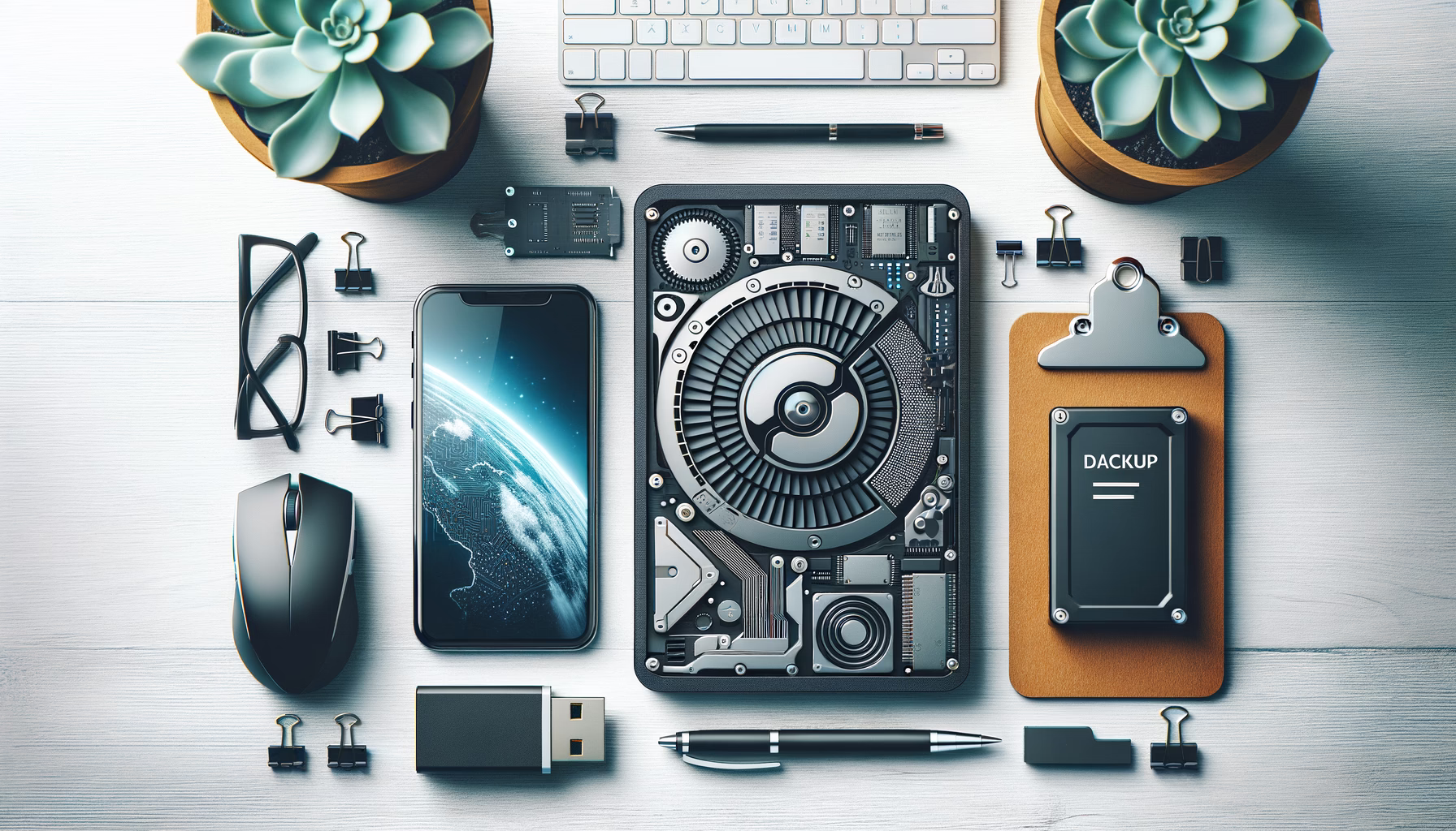 KDB Tech-Update 202408030505 Übersicht eines Technik-Arbeitsplatzes: Smartphone, USB-Backup-Laufwerk und ausgebauter Computer für Datensicherung.