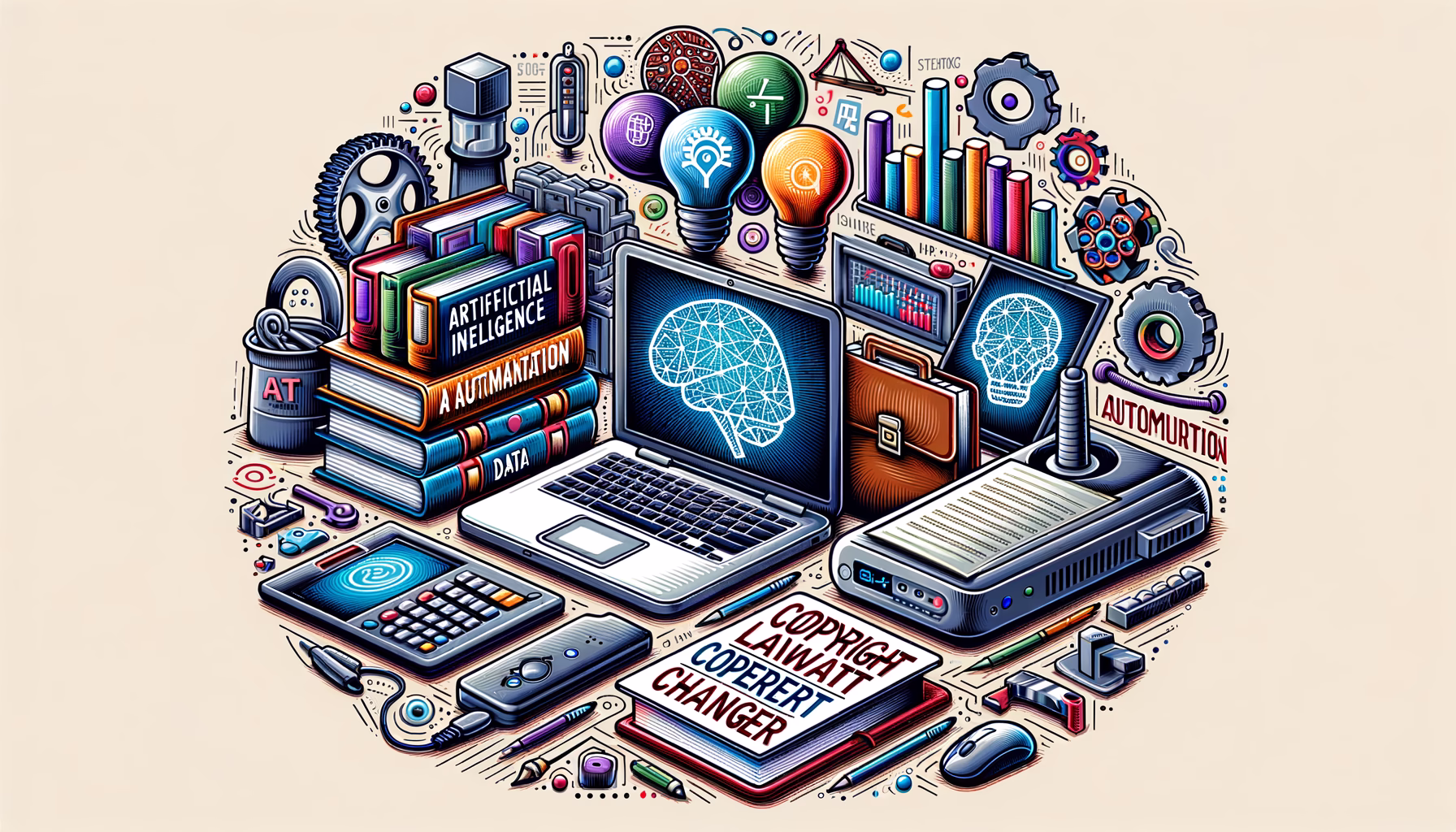 KDB Tech-Update 202408041506 Symbolische IT-Landschaft: Laptop mit Daten und KI, Bücher/Ordner für Code und Automatisierung, Router und Schulmaterialien; Veranschaulichung von IT-Update.