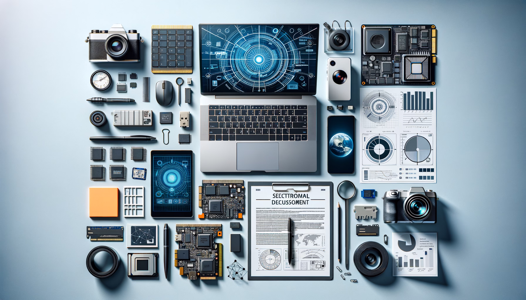 KDB Tech-Update 202408050505 Übersichtliches Tech-Setup mit Laptop, Smartphones und Monitor sowie Chips, Datenträgern und Diagrammen für Analyse und Update.
