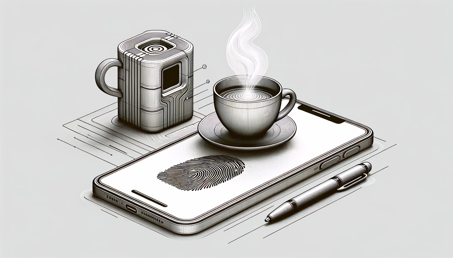 KDB Tech-Update 202408060504 Moderne Smartphone-Oberfläche mit eingebettetem Fingerabdrucksensor, heißem Kaffee mit Dampf und Tassenbecher, stilisiert für sichere Authentifizierung.