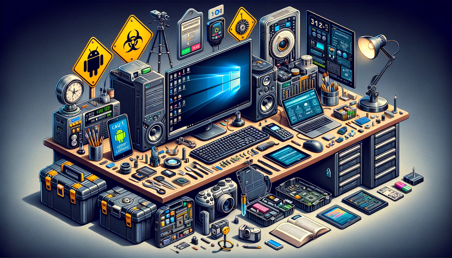 KDB Tech-Update 202408080505 Technik-Workstation mit Monitor, Tastatur und Tablet; daneben Kameramodul, Werkzeuge, Speichermedien und Warnschilder zur Veranschaulichung von IT-Entwicklung.