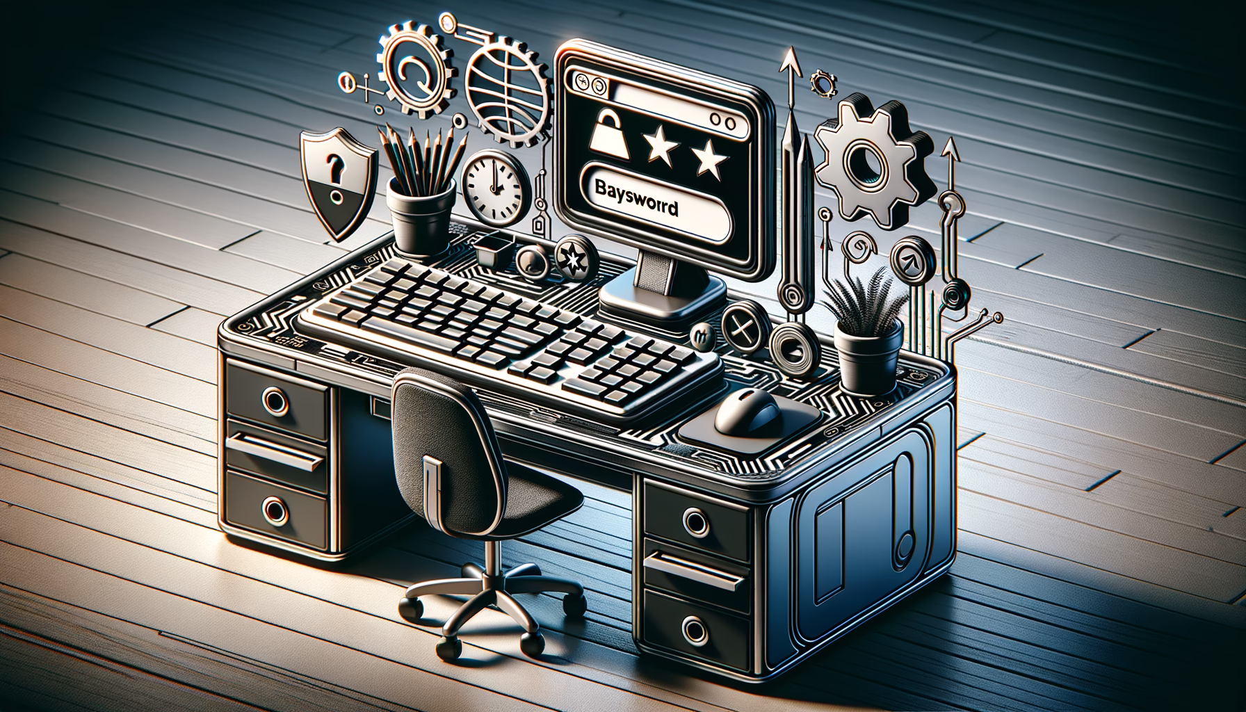 KDB Tech-Update 202408090502 Moderner Schreibtisch mit Tastatur und Browser-Symboltasten; daneben Sicherheitsanzeige mit Passwortfeld und Schlossmechanismus zur geschützten Aufbewahrung.