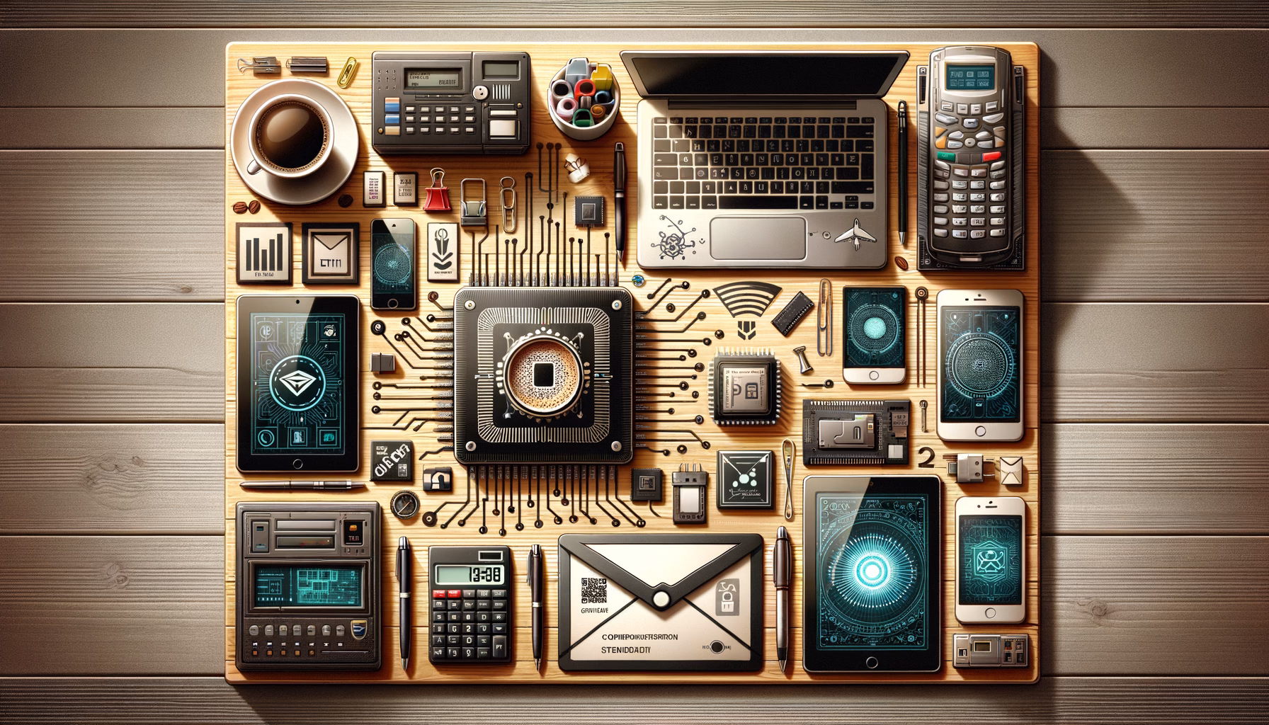 KDB Tech-Update 202408091504 Modernes Technik-Desk mit Laptop, Handy, Tablet, Netzwerken, Chip-Illustration, GPS-Symbol, Router, Rechengerät und Identifikationskarte, geordnet.