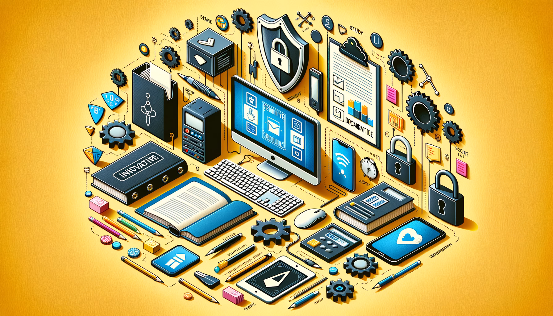 KDB Tech-Update 202408100505 Illustratives IT-Desk-Layout mit Laptop, Smartphone, E-Mail, Sicherheits-Symbolen, Datenbank- und Dokument-Icons sowie Sperren, Switch und Lernmaterialien.