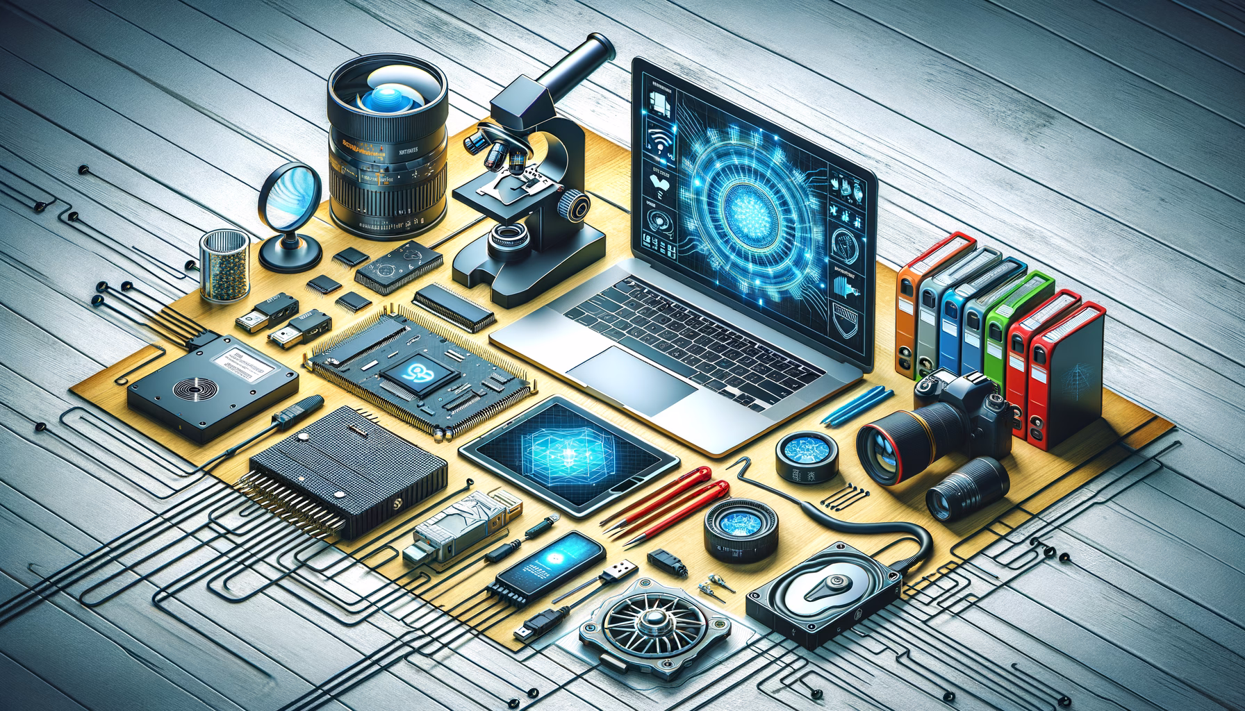 KDB Tech-Update 202408101505 IT- und Sensortechnik auf einem Tisch: Laptop mit Sicherheits-Interface, Speichermodule, Kabel, Überwachungskamera, Handbuch und technische Messgeräte.