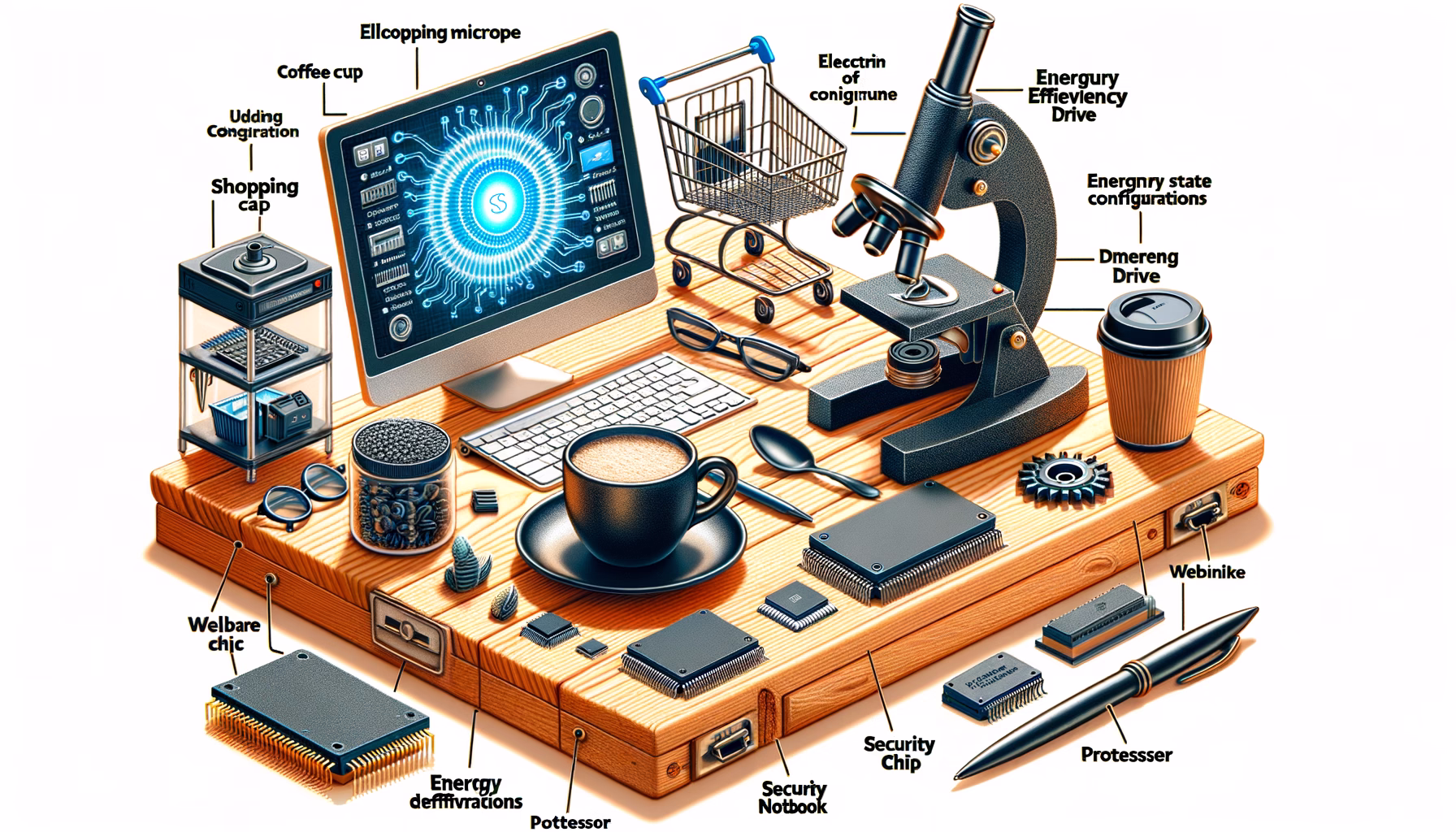 KDB Tech-Update 202408110503 Innovativer Schreibtisch mit Mikroprozessor, Sicherheitschip, SSD und Energiespar-Modul; daneben Webinar-Notizbuch, Stift und Kaffeetasse.