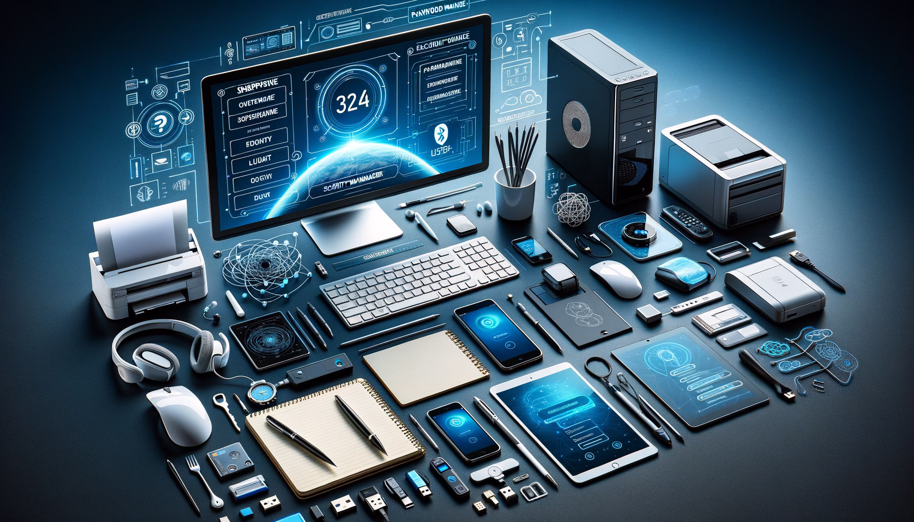 KDB Tech-Update 202408111505 Technik-Arbeitsplatz mit Monitor und Eingabegeräten, Smartphone, Druck-/Scan-Geräten und Zubehör; symbolisiert geordneten, effizienten IT-Workflow.