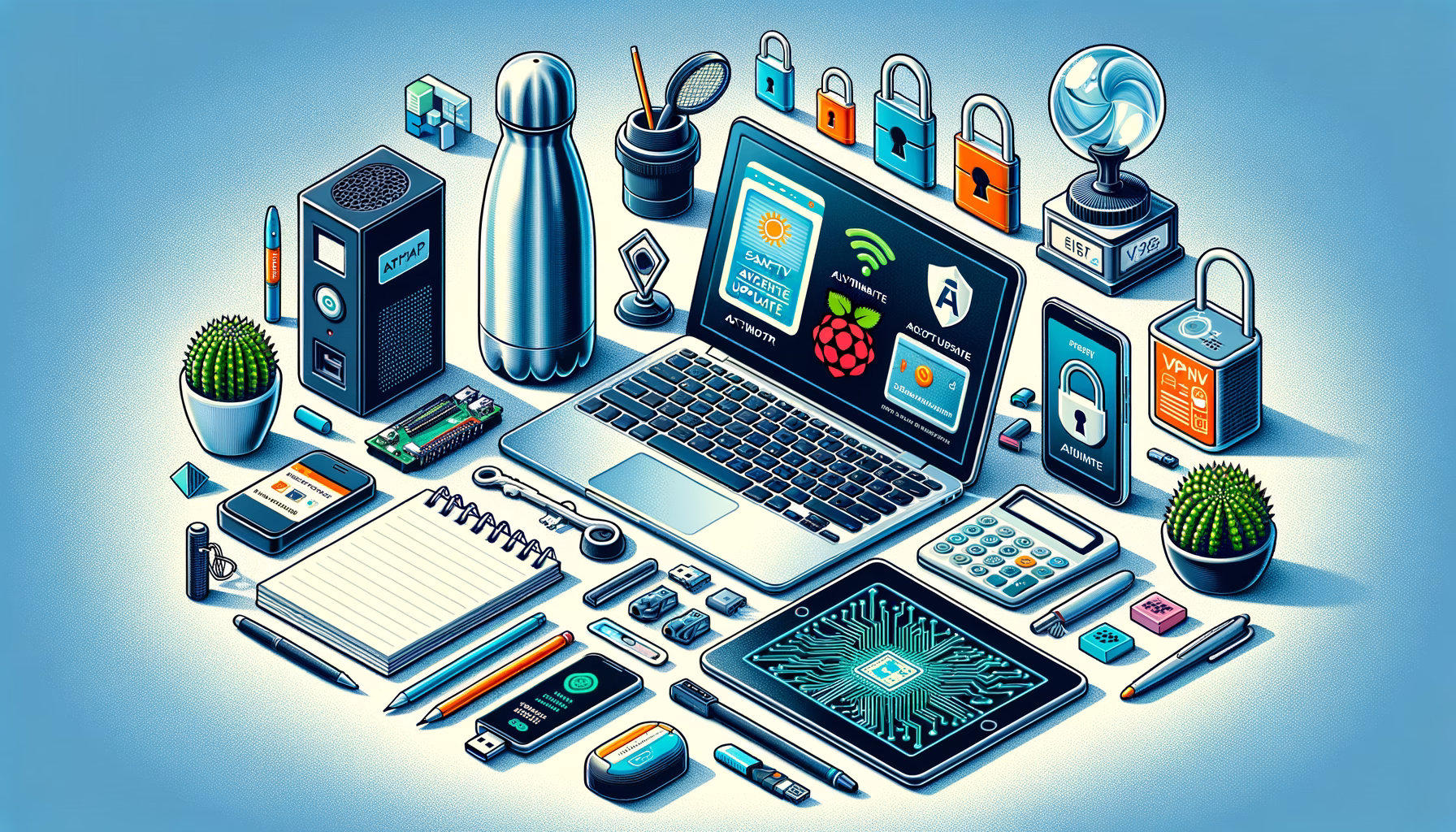KDB Tech-Update 202408121506 Technik-Desk mit Laptop, Monitor, Router, USB-Stick, Schließmechanik, Sicherheits-VPN-Symbolen und Notizbuch—visuelle Darstellung von IT-Updates und Schutz.
