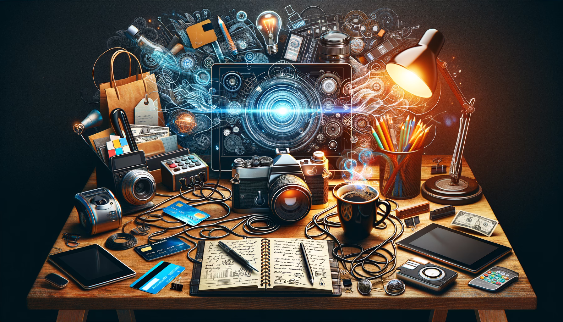 KDB Tech-Update 202408140501 Technologie- und Bürorequisiten auf einem Schreibtisch, mit leuchtendem Kamera- und Datenmotiv; symbolisiert Arbeiten, Bezahlen und Kommunikation.