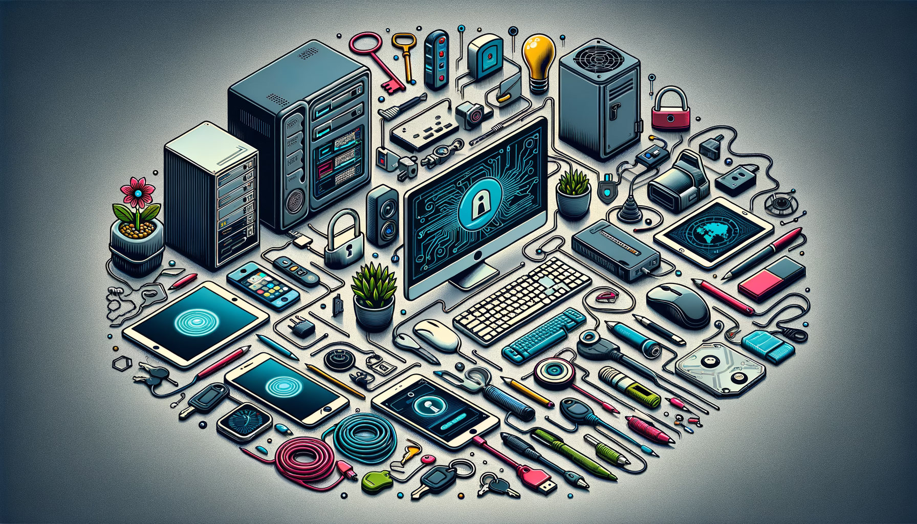 KDB Tech-Update 202408141506 Überladener Arbeitsplatz mit Server, Rechner, Bildschirmen, Kabeln und Geräten, verbunden mit Symbol für Sicherheit und Updates zur IT-Überwachung.