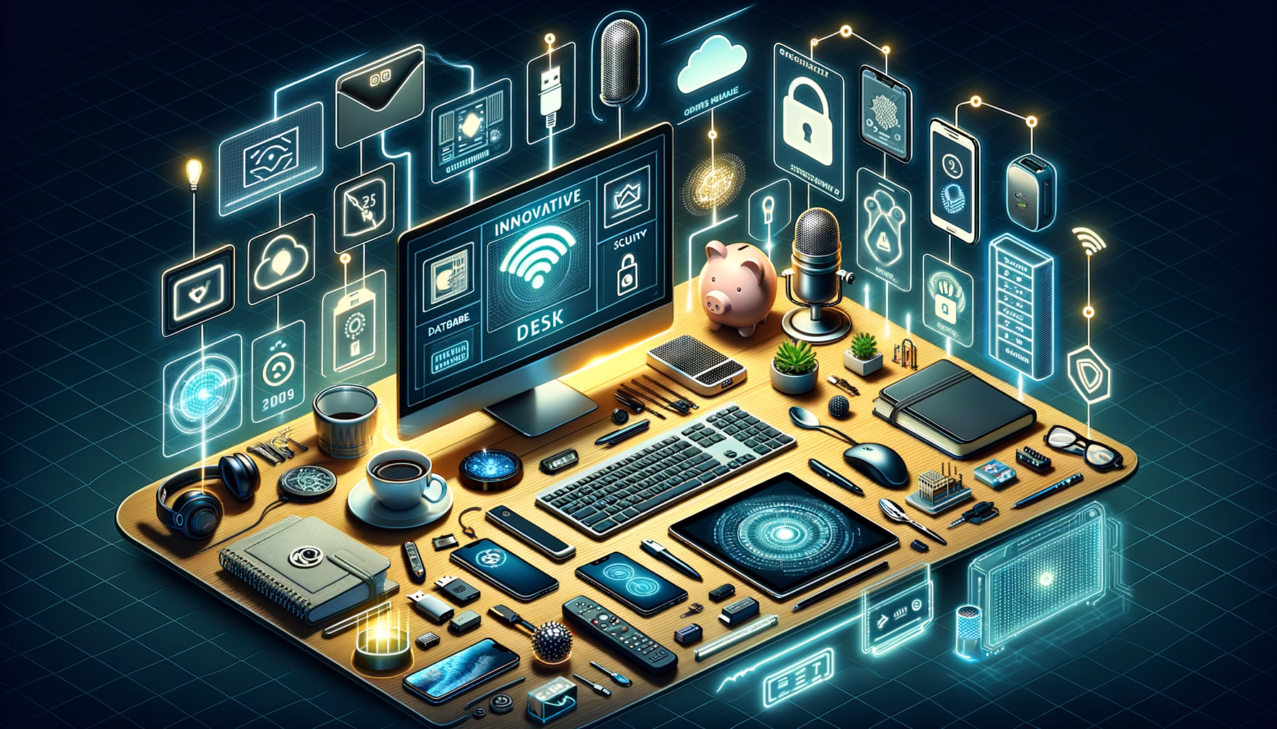 KDB Tech-Update 202408161501 Technologie-Büro-Setup mit Laptop, Smartphones, Kabeln und Security-/Daten-Symbolen im Hintergrund; steht für vernetzte Arbeit und Schutz.