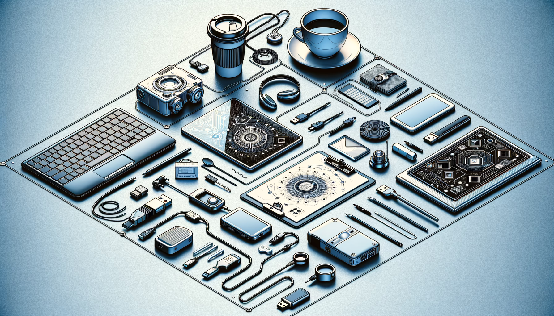 KDB Tech-Update 202408170500 Modernes Technik-Desk mit Laptop, Smartphone, Tablets und diversen Datenträgern; Kabel und Sicherheits-/Biometrieelemente zeigen zentrale IT-Workflow-Aufbereitung.