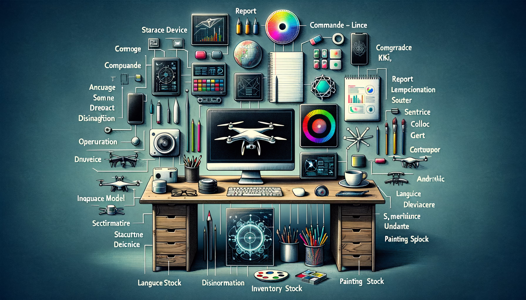 KDB Tech-Update 202408191506 Innovatives Desk-Setup mit Monitor, Notizblock, Befehlszeile, Speicher- und Sicherheits-Symbolen sowie Drohnen- und Bericht-Elementen als Überblick.