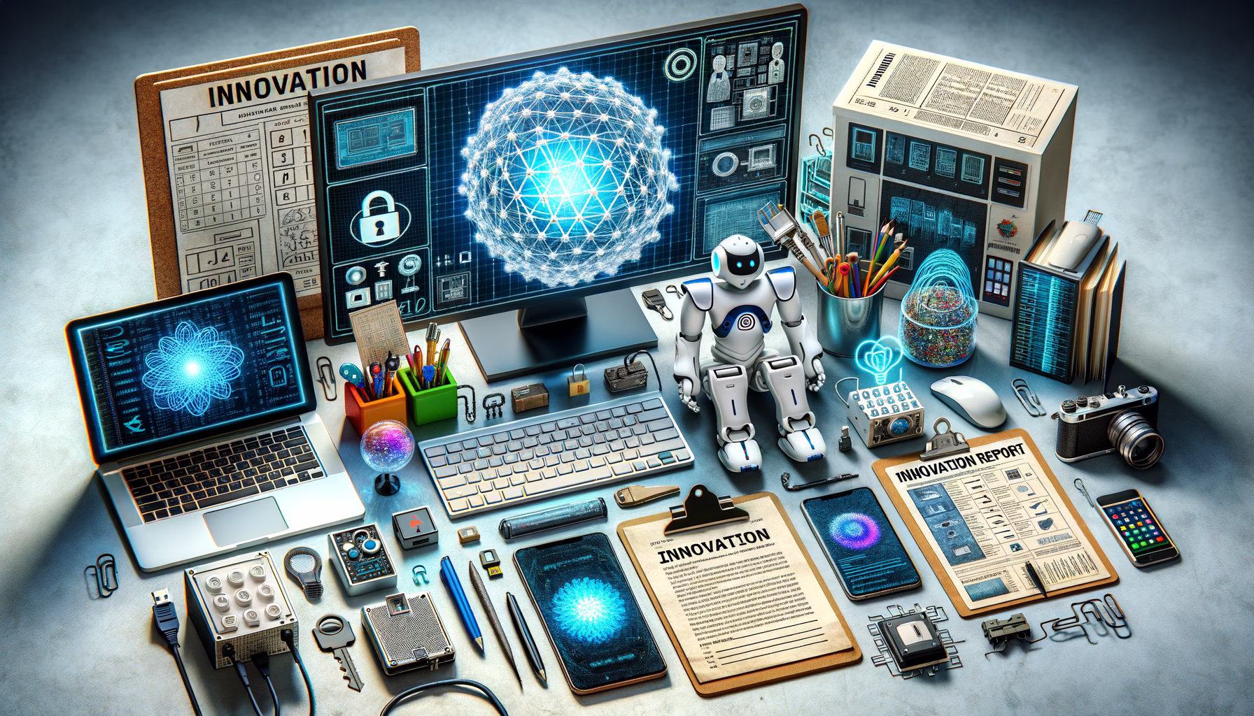 KDB Tech-Update 202408210501 Technikarbeitsplatz mit Bildschirmen, Sicherheits-Symbolen, Robotertoy und Sensor; Unterlagen, Kabel und Geräte symbolisieren Innovation und Updates.