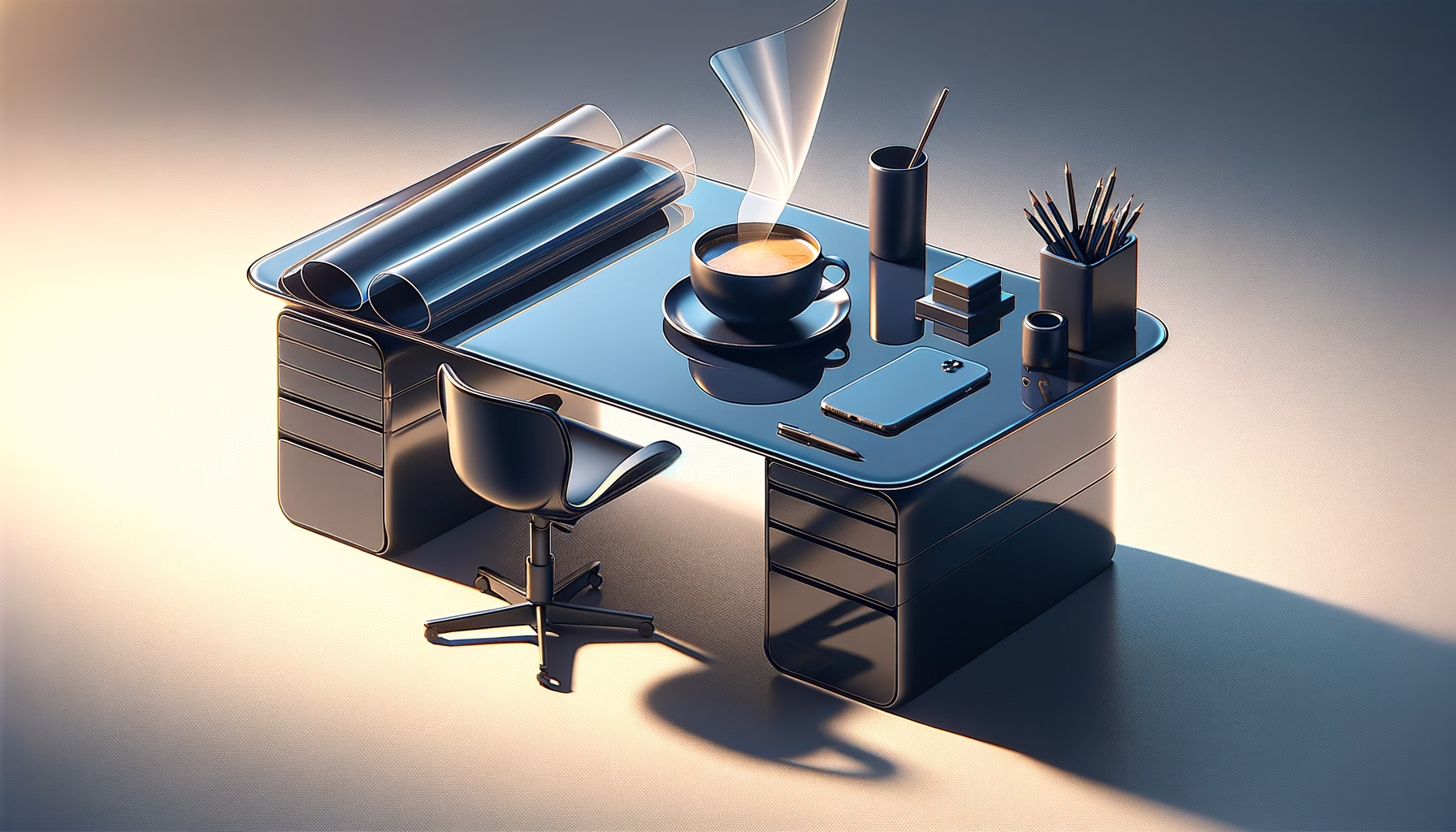 KDB Tech-Update 202408240502 Blauer Schreibtisch mit Kaffee, Stiften und Smartphone; transparent glänzende Schutzfolie sowie Technik-Accessoires zeigen modernes, aufgeräumtes Arbeiten.