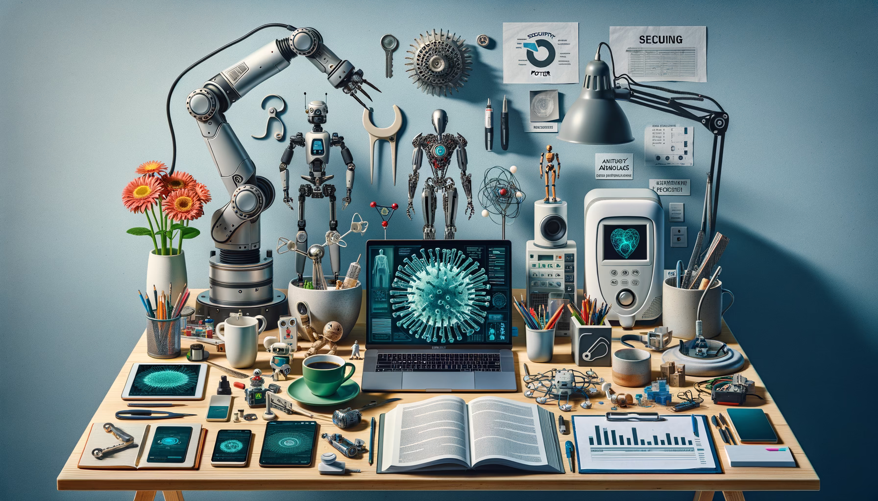 KDB Tech-Update 202408241503 Technik-Desk mit Robotik, Laptop, medizinischem Analyse-Display, Sicherheits- und Planungsunterlagen sowie Lernmaterial, vereint moderne und traditionelle Arbeitsmittel.