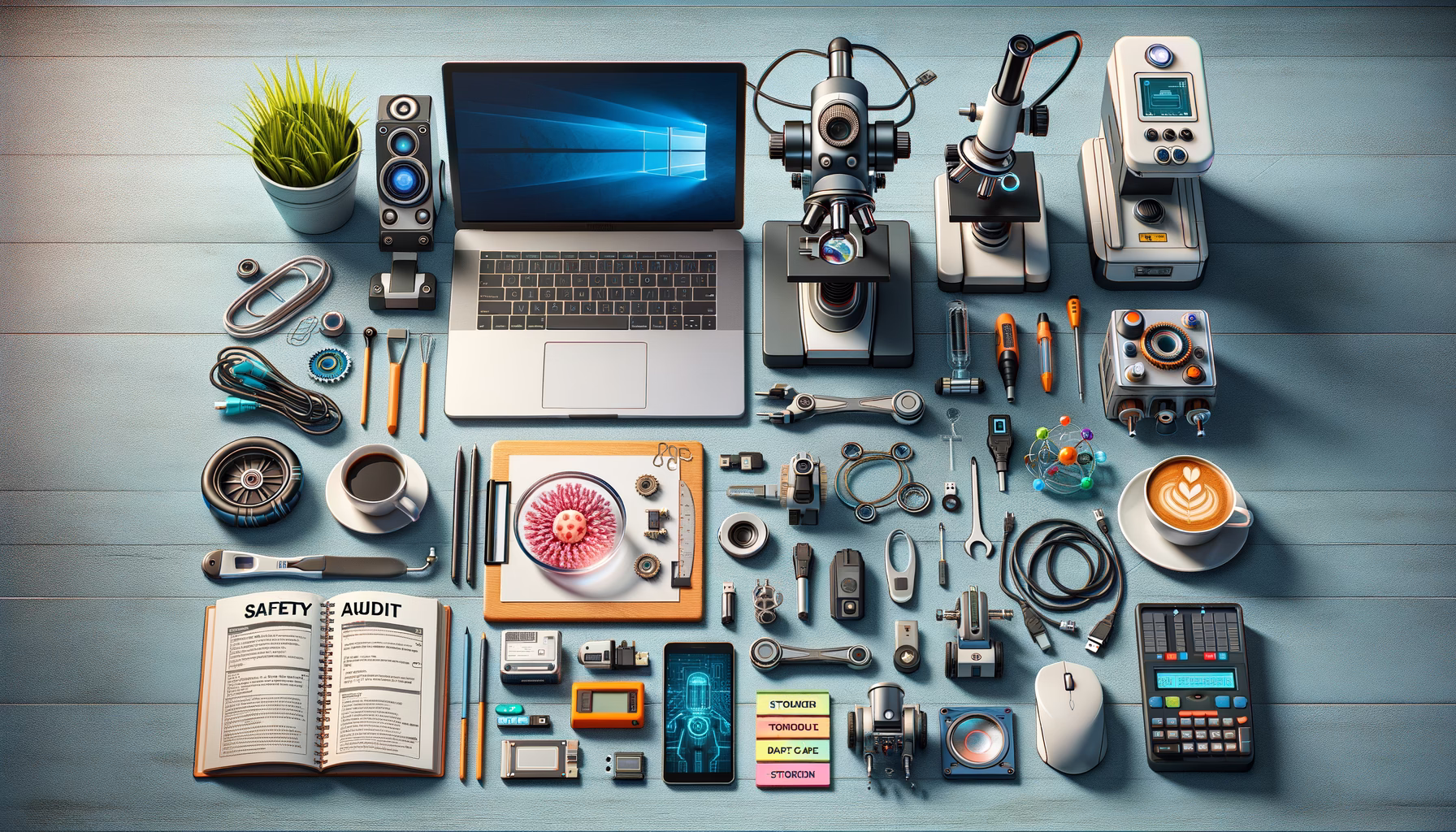 KDB Tech-Update 202408250505 Technologie-Desk mit Laptop, Monitor, Mikroskop, Robotik-Sensoren, Werkzeugen, Sicherheitsplan und Helm; dient für Forschung, Technik-Update und Arbeitssicherheit.