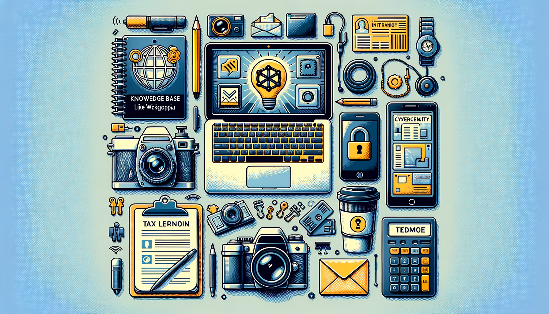 KDB Tech-Update 202408251504 Illustration eines Tech-Desks mit Symbolen für Wissensdatenbank, Programmieren, Cybersicherheit, Messenger, Machine Learning, E-Mail, Steuer und ÖPNV.