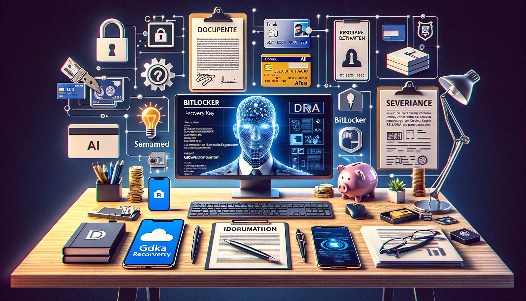 KDB Tech-Update 202408270506 Arbeitsplatz mit Computer und Karten, Dokumenten, Sicherheits- und Datenschutzsymbolen; visuell für Datensicherung und IT-Sicherheit.