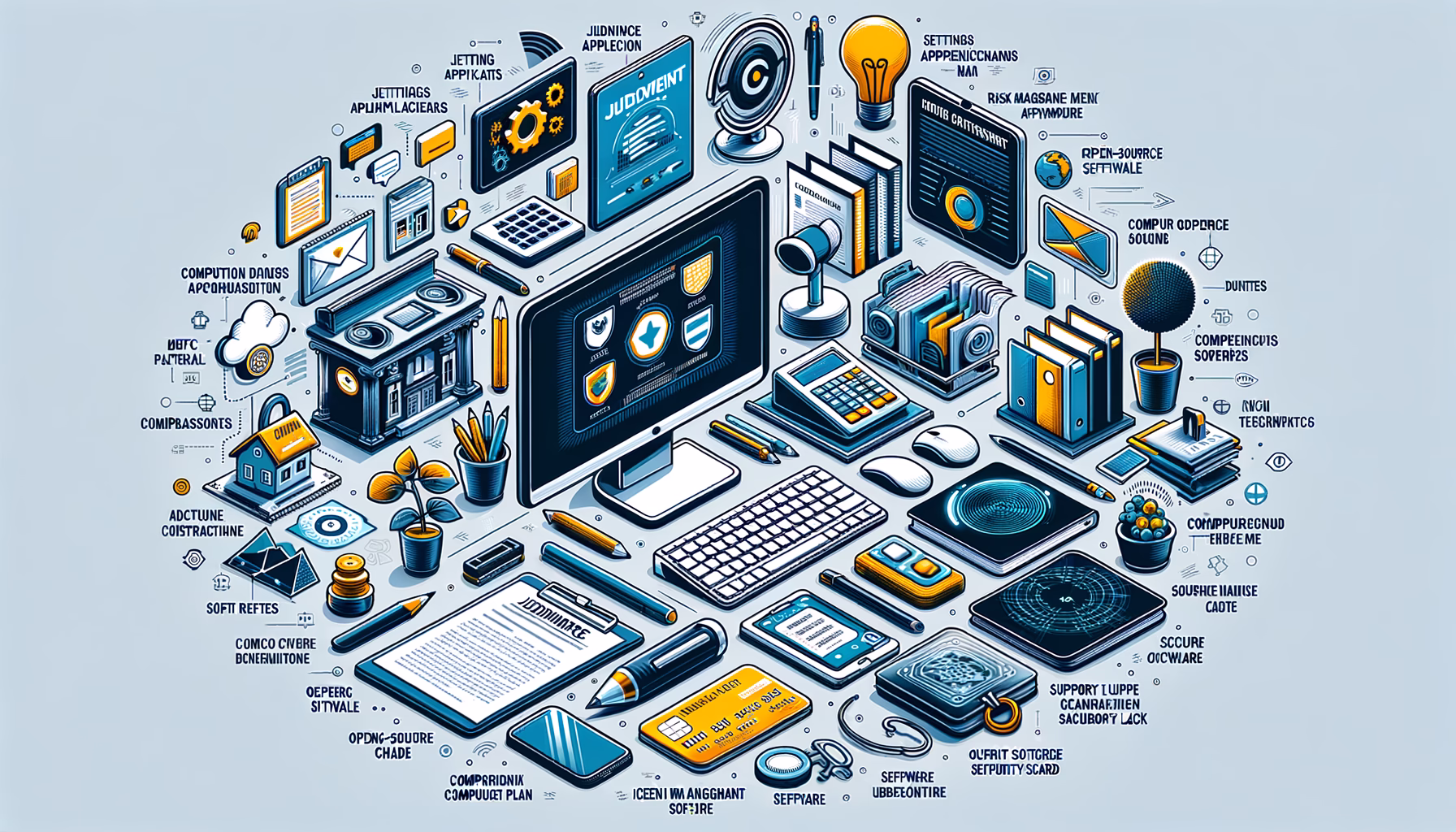 KDB Tech-Update 202408271503 Modernes Arbeitsplatz-Layout mit Computer, Sicherheits- und Risikodokumenten, Software-Update-Elementen sowie Zubehör zur IT-Unterstützung und Compliance.