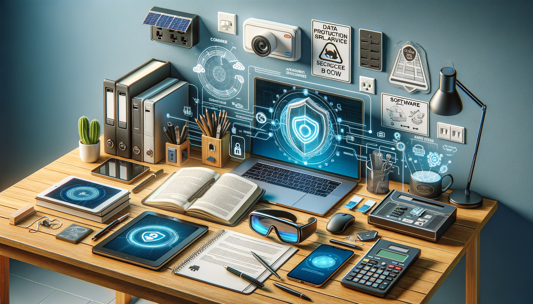 KDB Tech-Update 202408280506 Büroarbeitsplatz mit Laptop und offenen Büchern; Displays zeigen digitale Sicherheits- und Datenschutzsymbole, unterstützt durch Tablets, Router und Router-Elemente.