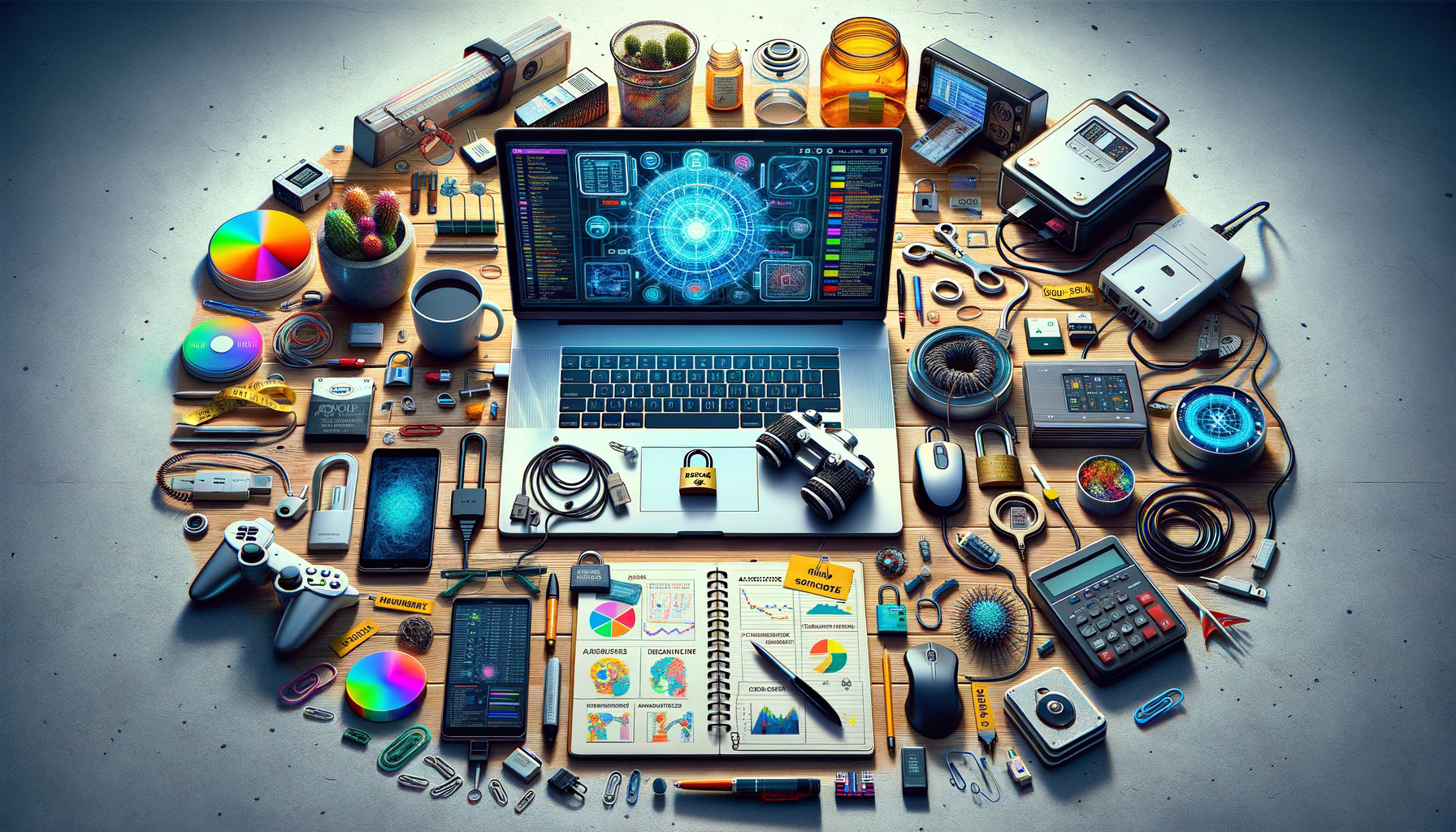 KDB Tech-Update 202408281503 Übervoller Schreibtisch mit Laptop, Monitoranzeigen zu Daten und Sicherheit, Kabeln, Speichergeräten, Notizbuch, Messgeräten und Werkzeugen für Technik-Updates.