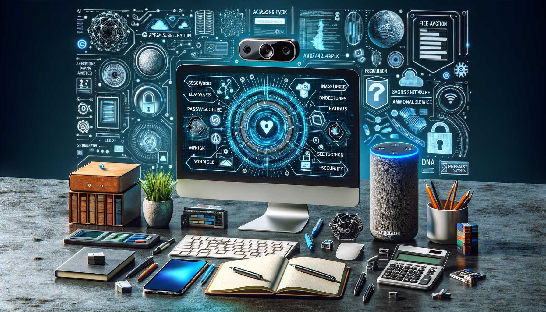 KDB Tech-Update 202408290505 Schreibtisch mit Monitor voller Sicherheits- und IT-Schemata, daneben Smartphone, Speicherchips, Kasten, Kamera und Firewall-Symbole zur Cyber-Schutz-Thematik.