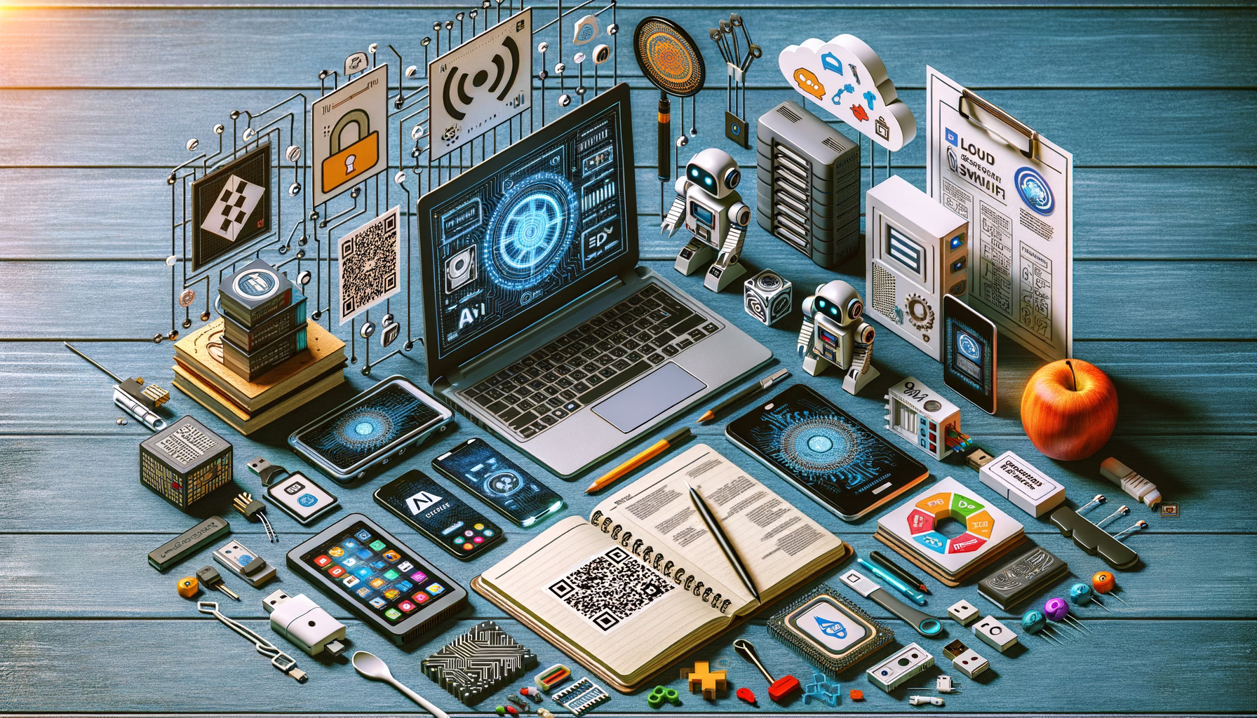 KDB Tech-Update 202408291503 Arbeitsplatz mit Laptop, QR-Scanner, Symbolen für Firewall/Cloud, Robotern und Notizbuch; zeigt vernetzte IT-Sicherheit und Lernanleitung.
