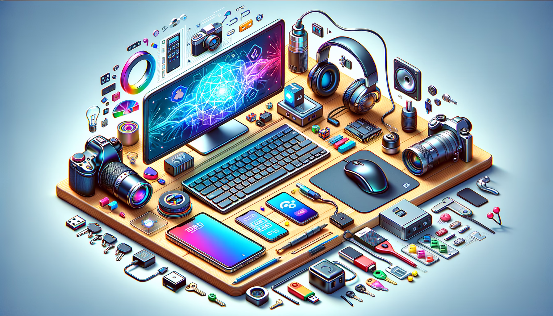 KDB Tech-Update 202408300502 Technik-Arbeitsplatz mit Monitor, Tastatur, Maus, Smartphone, Headset und Kabeln; weitere Geräte und Speichermedien liegen auf dem Tisch.