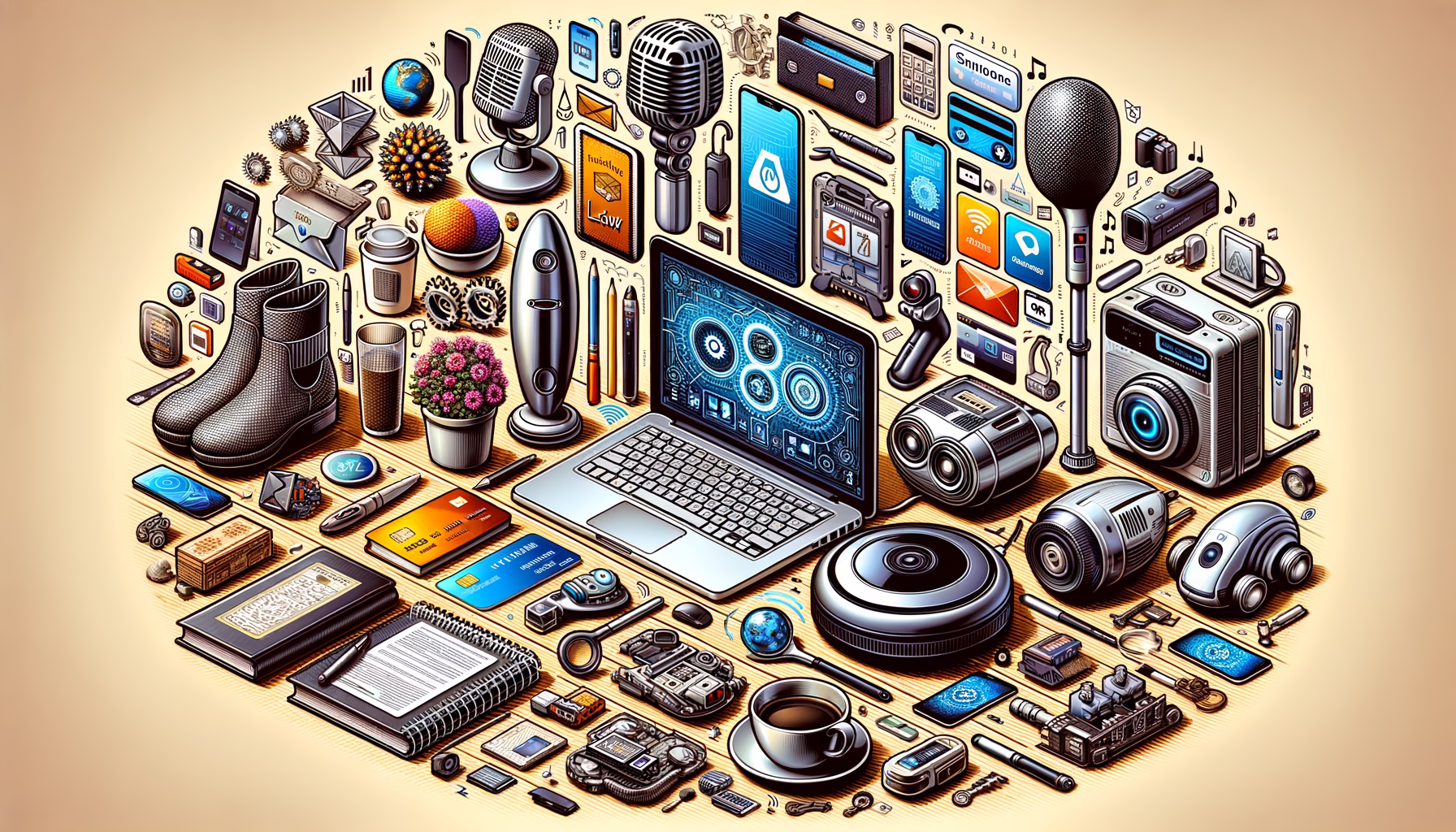 KDB Tech-Update 202408310503 Unordentlicher Techniktisch mit Laptop, Telefonen, Mikrofongerät, Robotersauger, IT-Icons und Dokumenten; symbolisiert digitales Arbeiten und Chaos.