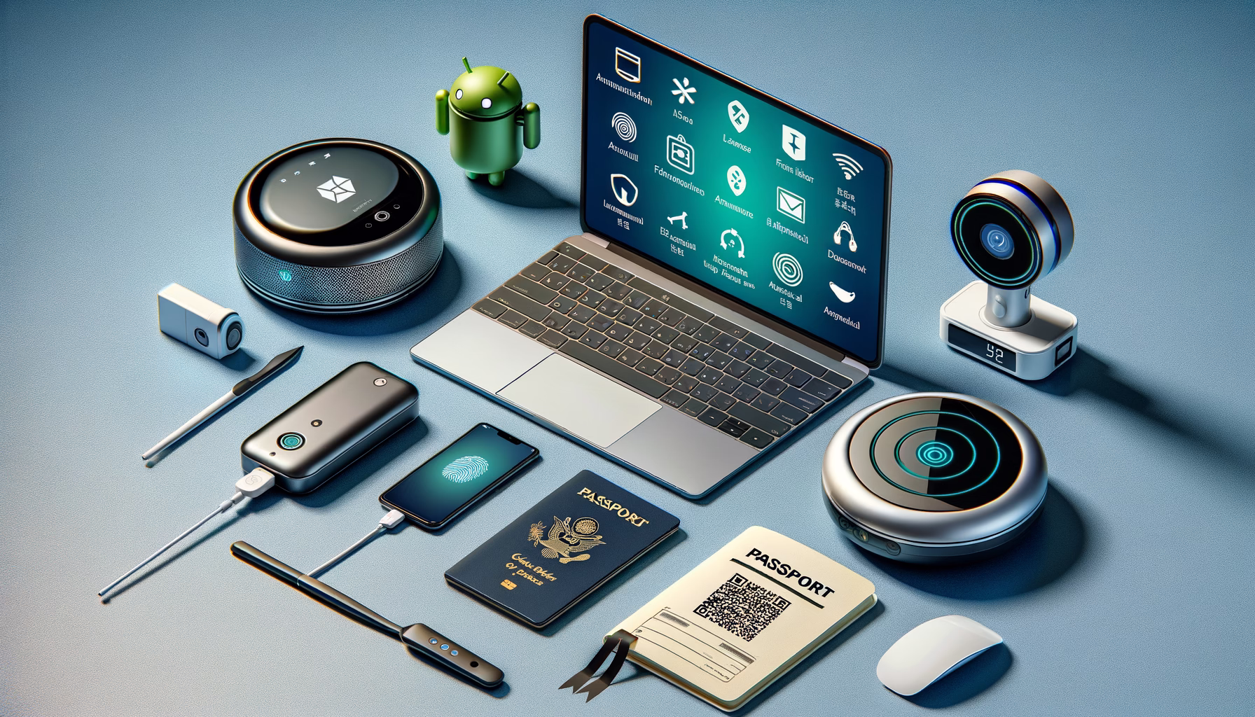 KDB Tech-Update 202408311503 Technik-Desk: Laptop mit Sicherheitsicons, Smartphone zeigt Antivirenstatus, Fingerabdruck- & Bluetooth-Geräte, Roboterstaubsauger sowie Passport und Scan-QR.