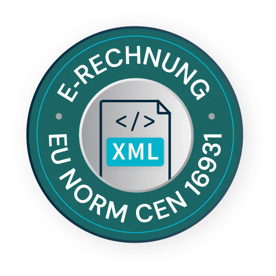 E-Rechnung_Siegel2024_final Grünes Siegel mit „E‑RECHNUNG“, Symbol für Dokument mit „ XML“ und Text „EN 16931“, als Kennzeichnung für E‑Rechnungsformat.