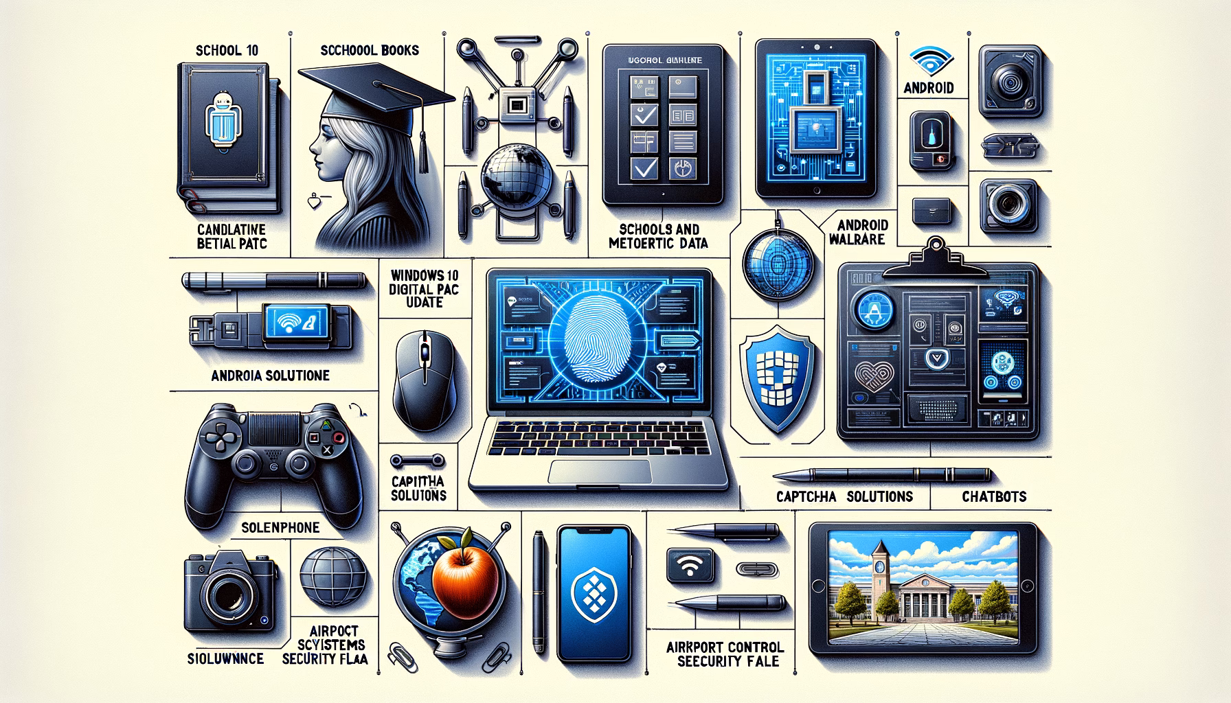 KDB Tech-Update 202409010503 Illustration mit Laptop, Smartphone, Fingerprintsensor, Kameras, Tastatur und Sicherheits-Iconen; vernetzte Technikthemen und Schutzmaßnahmen.