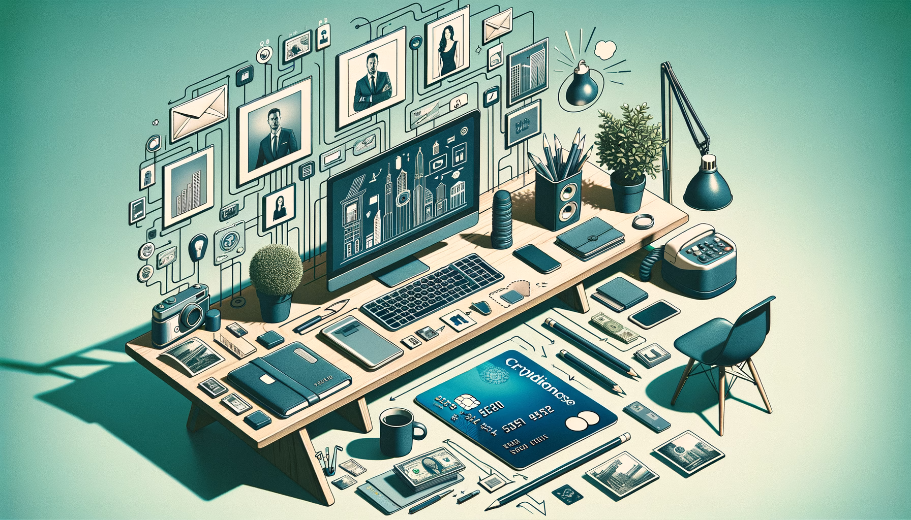 KDB Tech-Update 202409020503 Illustratives Desk-Setup mit Laptop, Tablets, Kreditkarte und kleinen Foto-Elementen; Symbolik für digitale Arbeit, Finanzen und geordnete Produktivität.