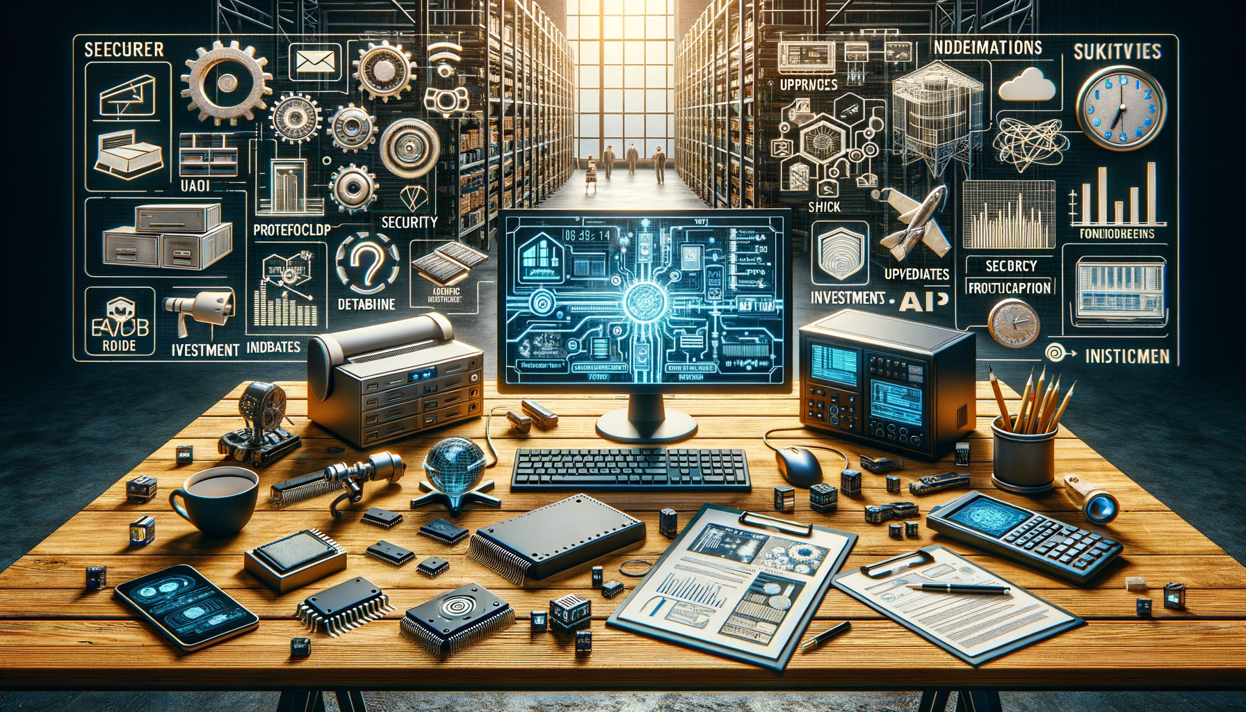 KDB Tech-Update 202409021504 Technik- und Sicherheits-Setup: Monitor mit Netzwerk- und Daten-Visualisierung, Geräte und Dokumente auf Schreibtisch für Updates/Überwachung.