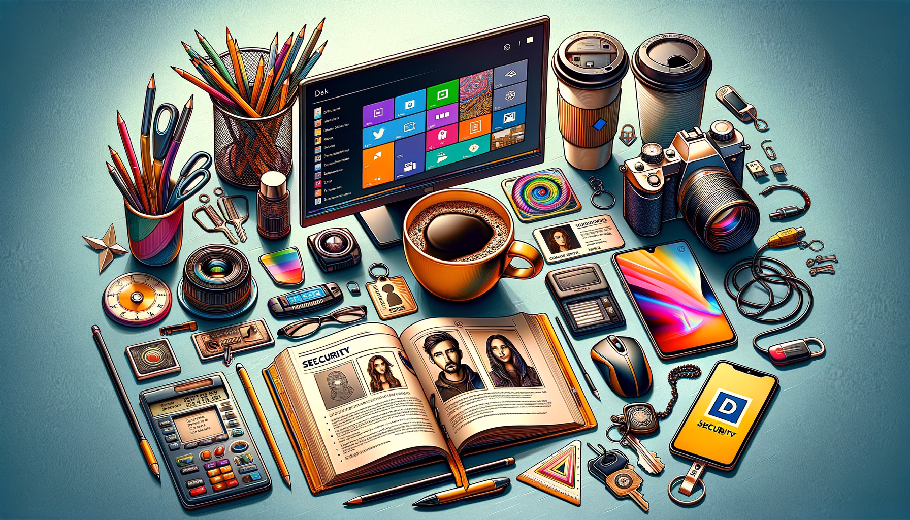 KDB Tech-Update 202409030505 Schreibtisch mit Computer, dampfender Kaffeetasse, Smartphone, offenen Buch, Formularstapel und Schlüsseln; daneben Arbeitsmaterialien und Accessoires.