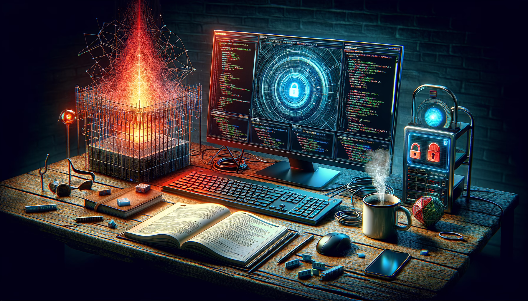 KDB Tech-Update 202409040506 Arbeitsplatz mit Monitoren für Code und Sicherheitsprüfung, offenes Handbuch, Passnotizbuch; rote Firewall-Visualisierung und verschlüsselte Zugriffe.