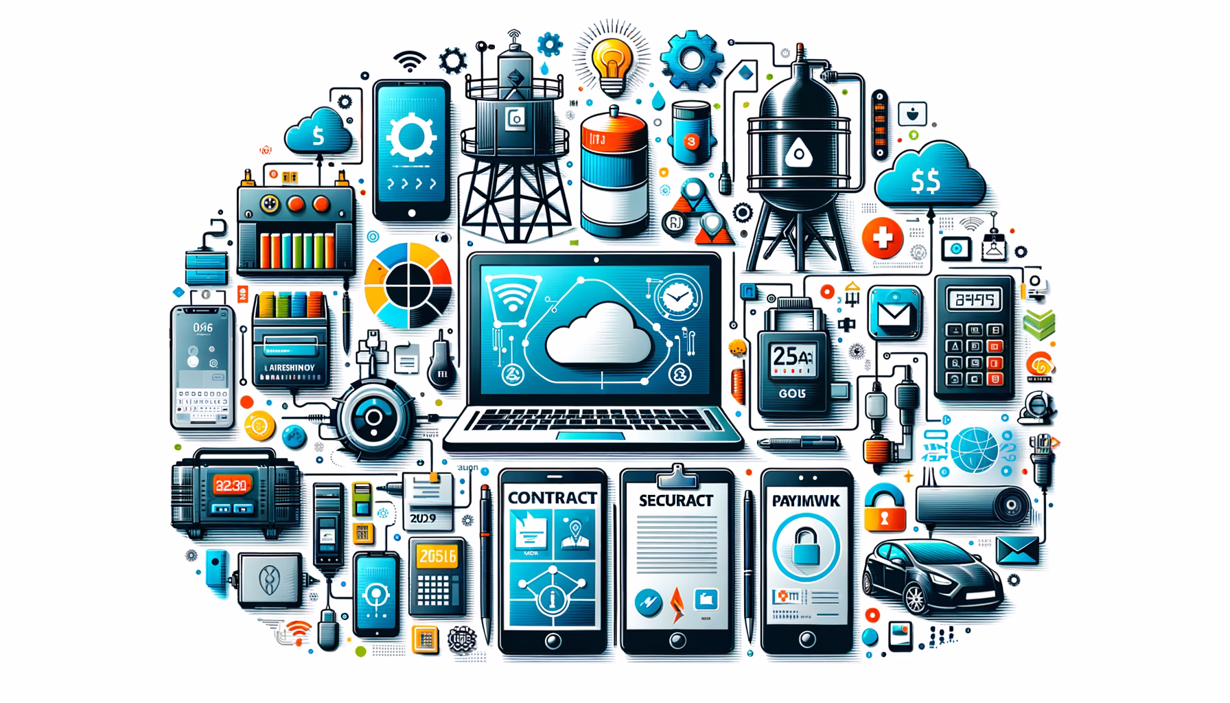 KDB Tech-Update 202409060502 Technologie-Desktop-Illustration mit Laptop, Smartphone, Dokument, Zahlungsgerät, Netzwerkrouter, Sicherheits- und Cloud-Symbolen sowie Energie-Notfalltechnik.