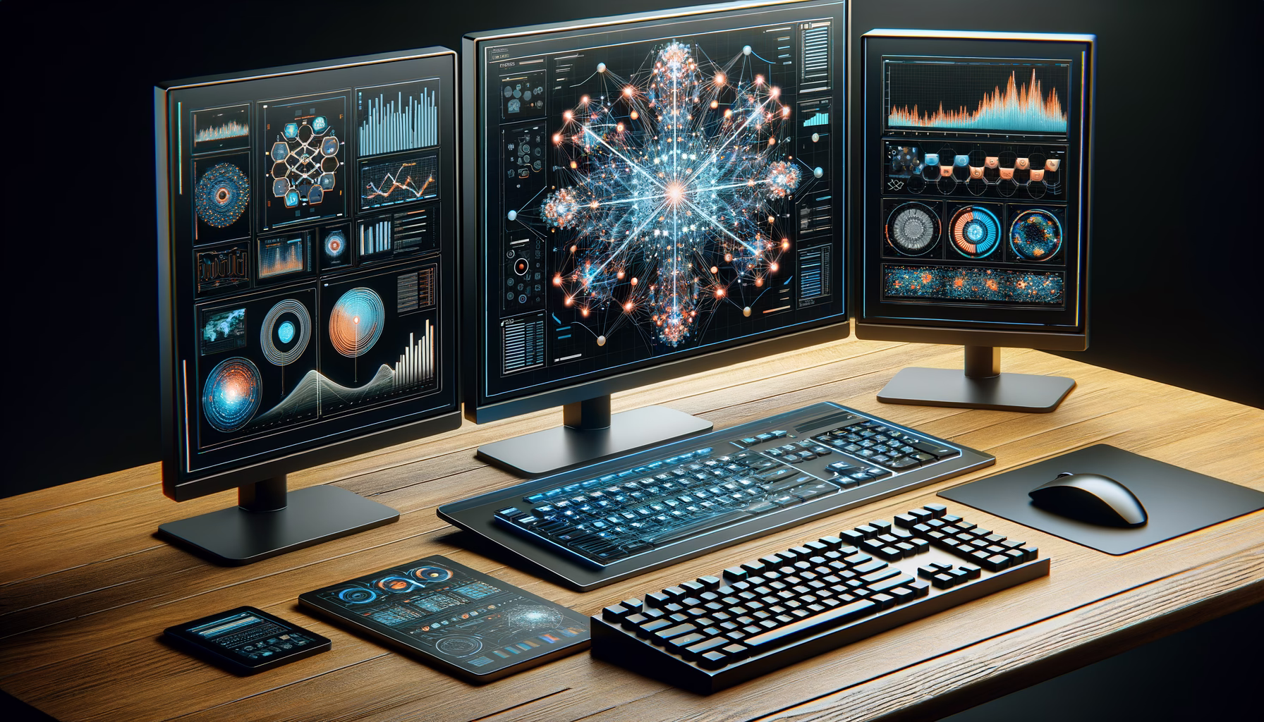 KDB Tech-Update 202409061506 Zentraler Arbeitsplatz mit drei Monitoren: Diagramme, Netzwerkknoten und Datenansicht; Tastatur und Maus zeigen interaktive Analyse.