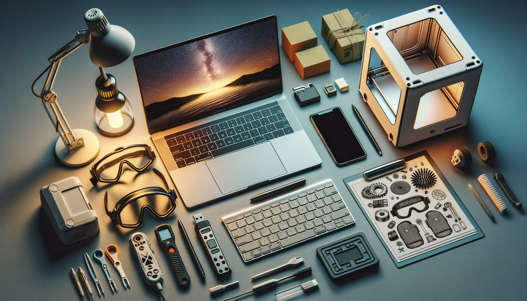 KDB Tech-Update 202409071501 Arbeitsplatz mit Laptop, Smartphone, Tastatur, Monitor, USB-Stick, Notizblock, Werkzeugen und 3D-Druckteilen; dient dem Technik-Setup und Zusammenbau.