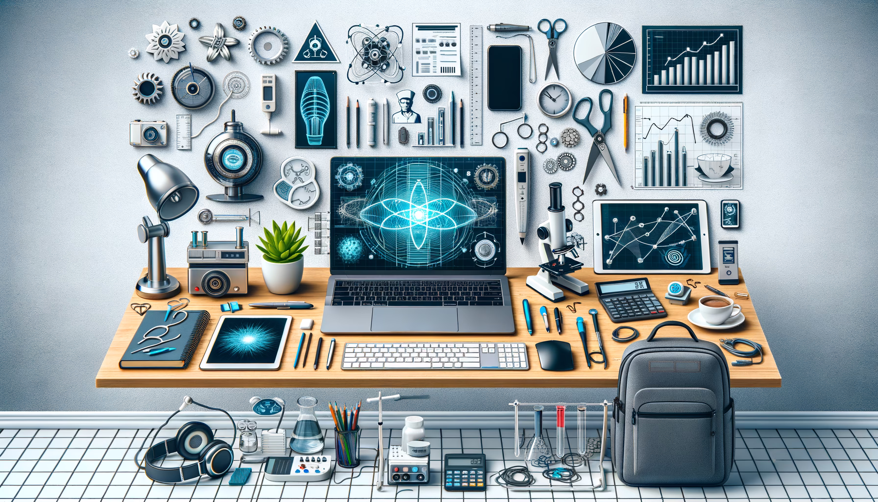 KDB Tech-Update 202409081505 Technik-Arbeitsplatz mit Laptop, Monitor, Tablet und Labor- sowie Statistik-Visualisierungen zur Darstellung von Forschung und Analyse.