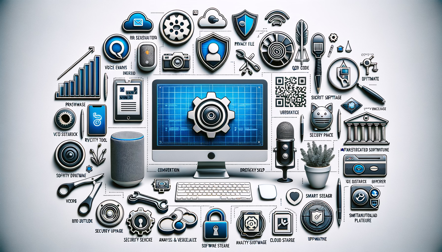 KDB Tech-Update 202409091506 Zentraler Monitor mit Zahnrad-Symbol, umgeben von QR-Code, Sicherheits-Siegeln, Wolke, Cloud- und Update-Icons für vernetzte IT-Updates und Schutz.