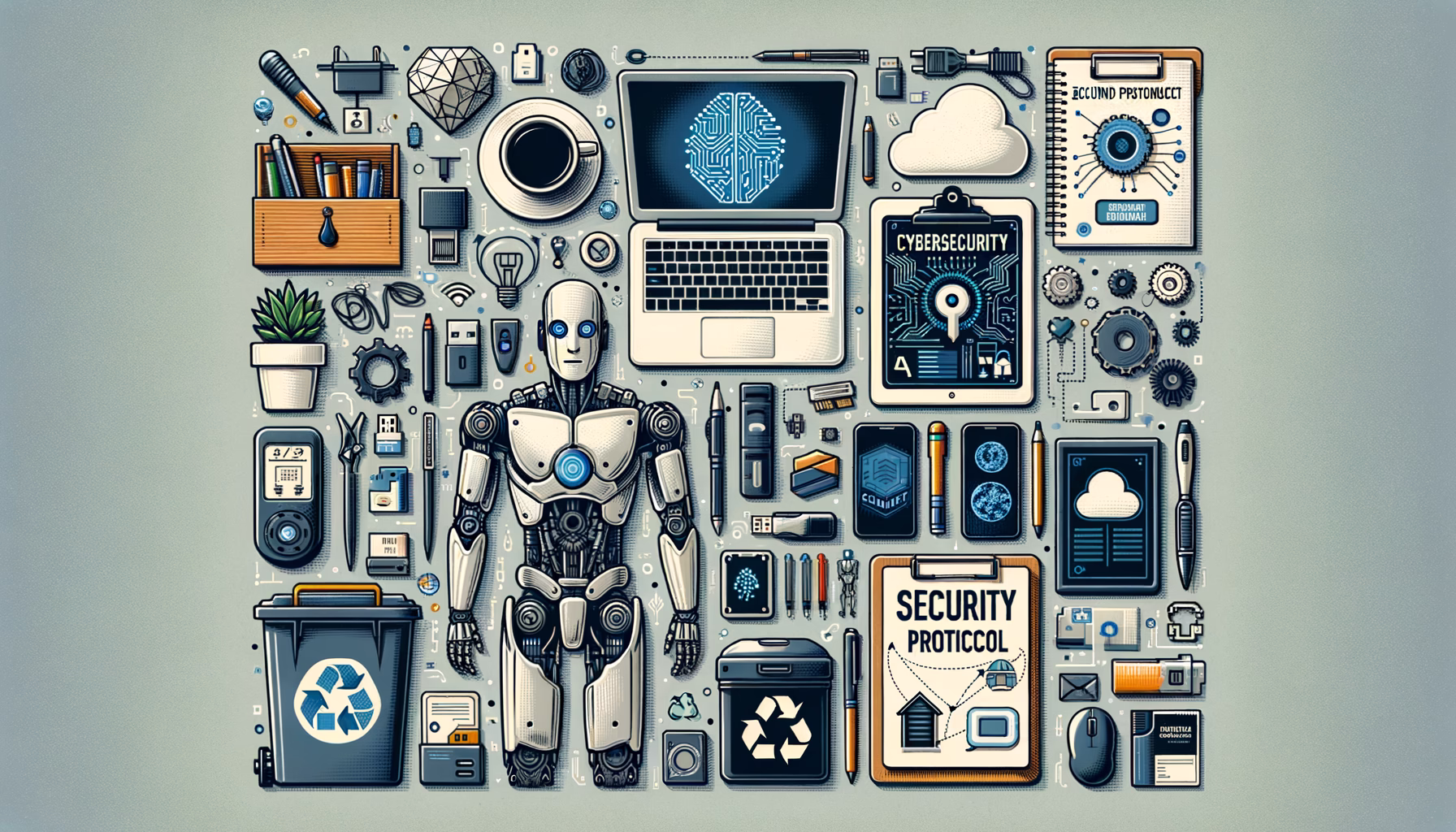 KDB Tech-Update 202409100501 Zentraler Computer mit Schloss-Icon, umgeben von Cybersecurity-Symbolen, Robotik-Elementen und Technologie-Tools für Sicherheit und Schutz.