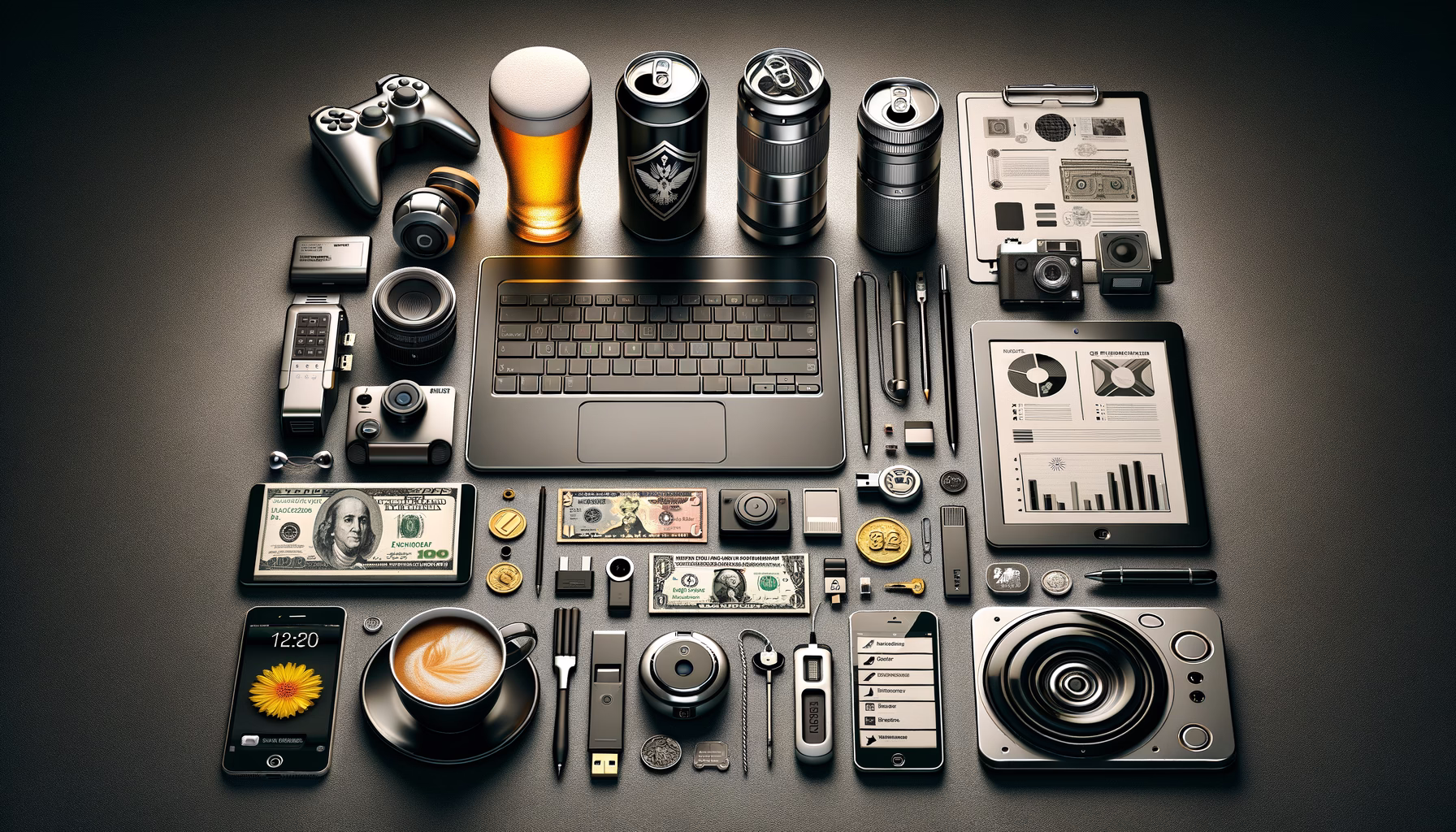 KDB Tech-Update 202409101504 Technologischer Arbeitsplatz: Laptop, Desktop, Tablet, Smartphone, USB-Stick, externe Festplatte, Kamera, Audio, Sicherheitstechnik und Notizen für Daten, Kommunikation und Schutz.