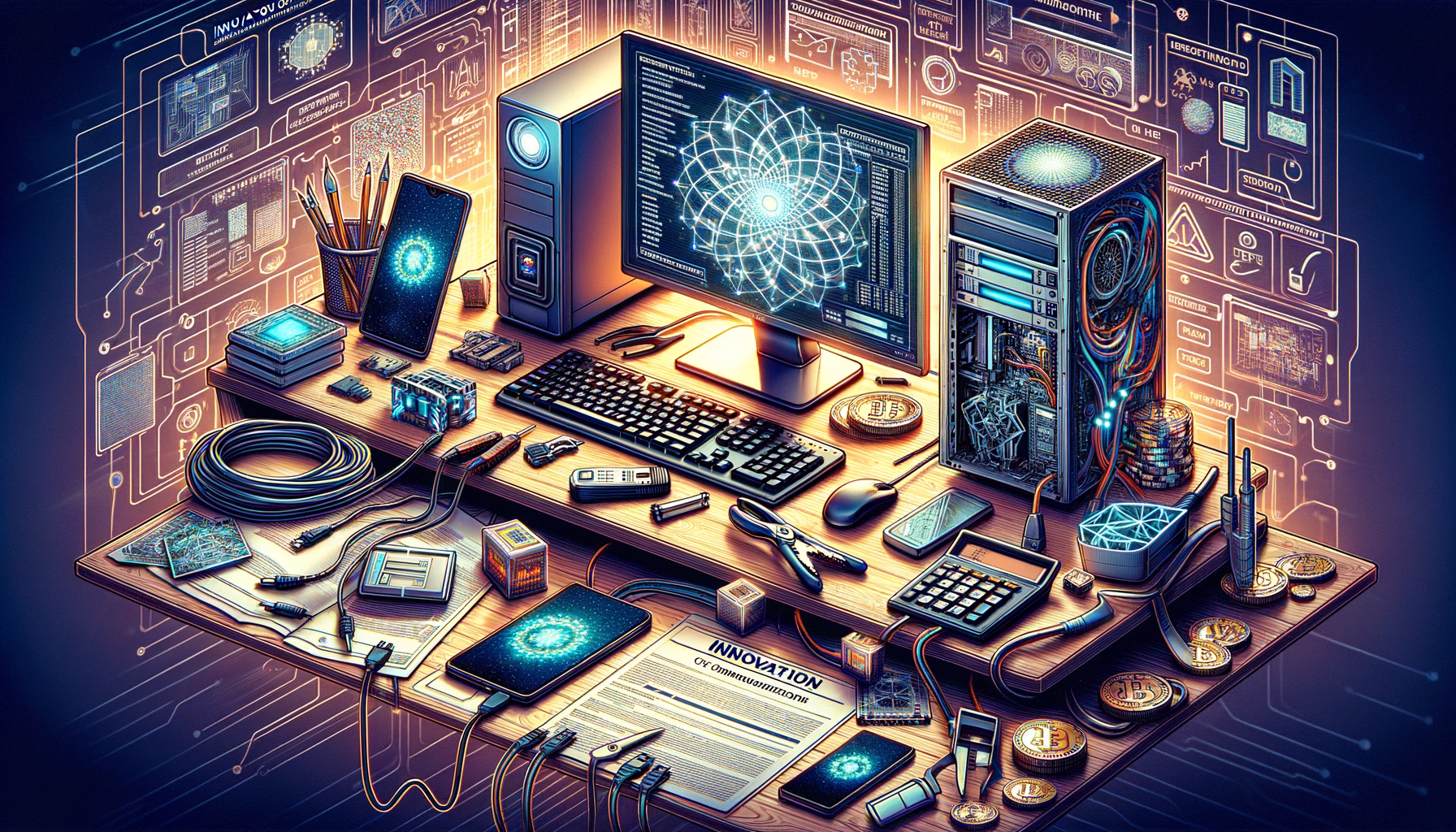 KDB Tech-Update 202409110504 Technischer Arbeitsplatz mit Monitoren, Server-Computer, Kabeln, Tools und Geräten; Technikdokumente und digitale Symbole zeigen Wartung, Updates und Überwachung.