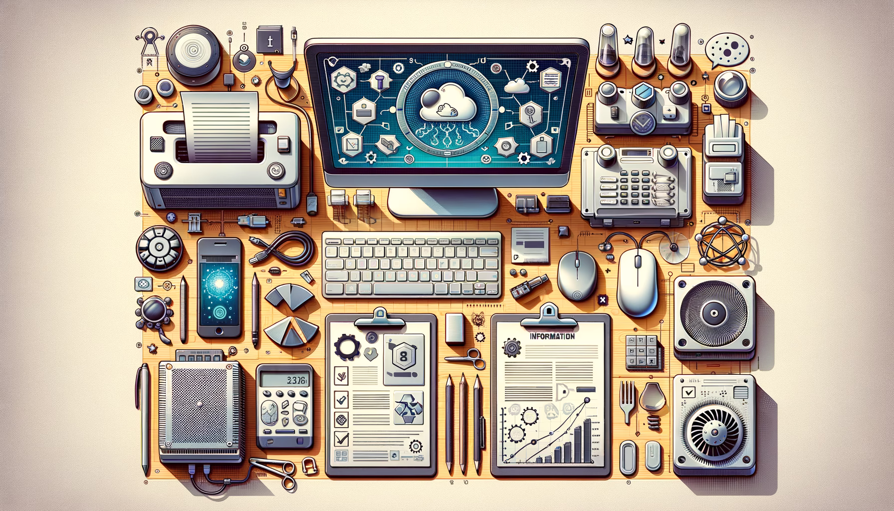 KDB Tech-Update 202409111505 Technik-Desktop mit Monitor, Tastatur, Maus, Unterlagen, Update-Checkliste, Speicherstick, Kabeln, Netzwerkkomponenten und Labor-/Datenhinweisen.