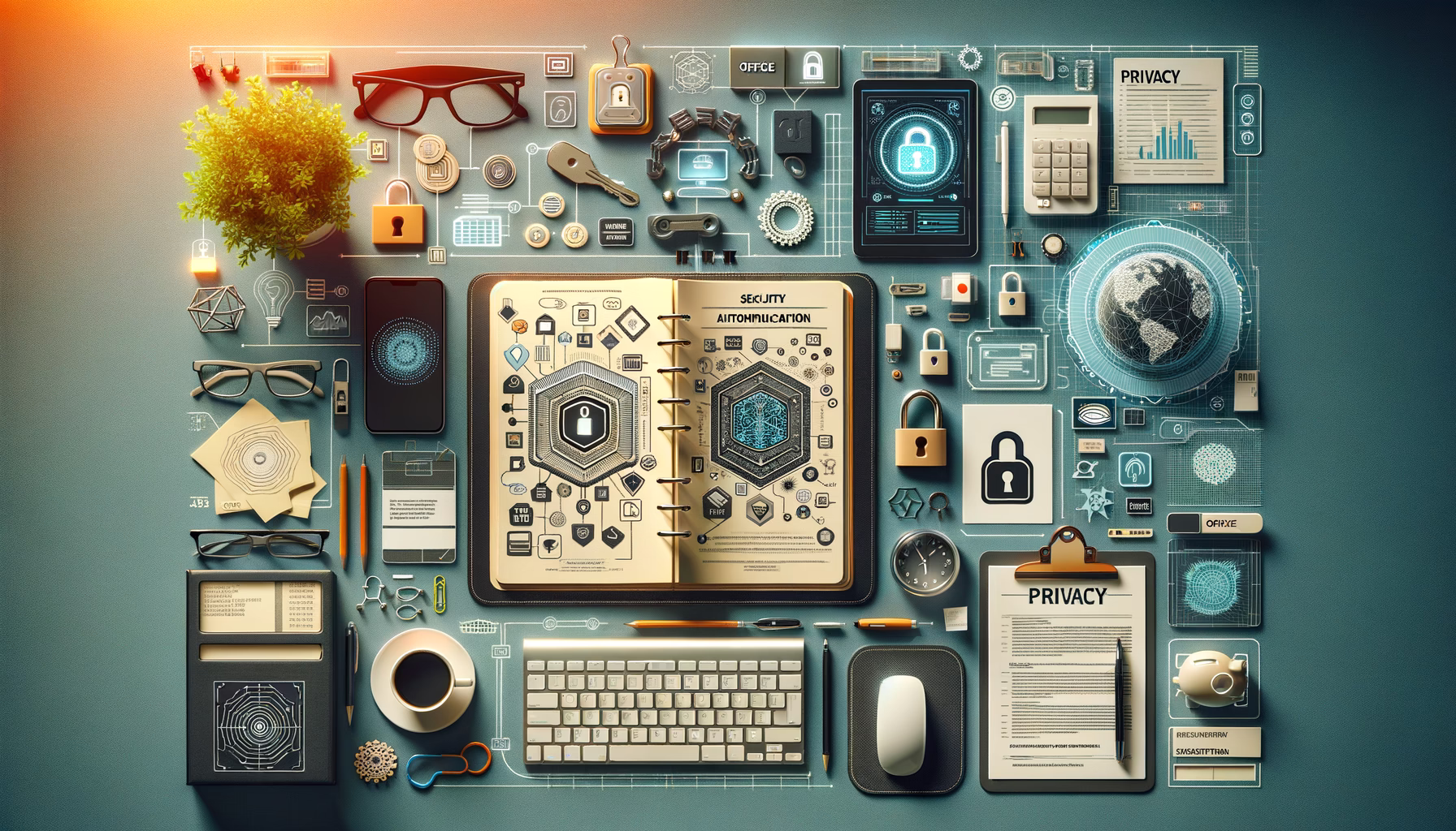 KDB Tech-Update 202409130501 Modernes Schreibtisch-Setup mit Sicherheits- und Datenschutz-Unterlagen, verschlüsselten Symbolen, Token und Tools zur Absicherung von Updates.